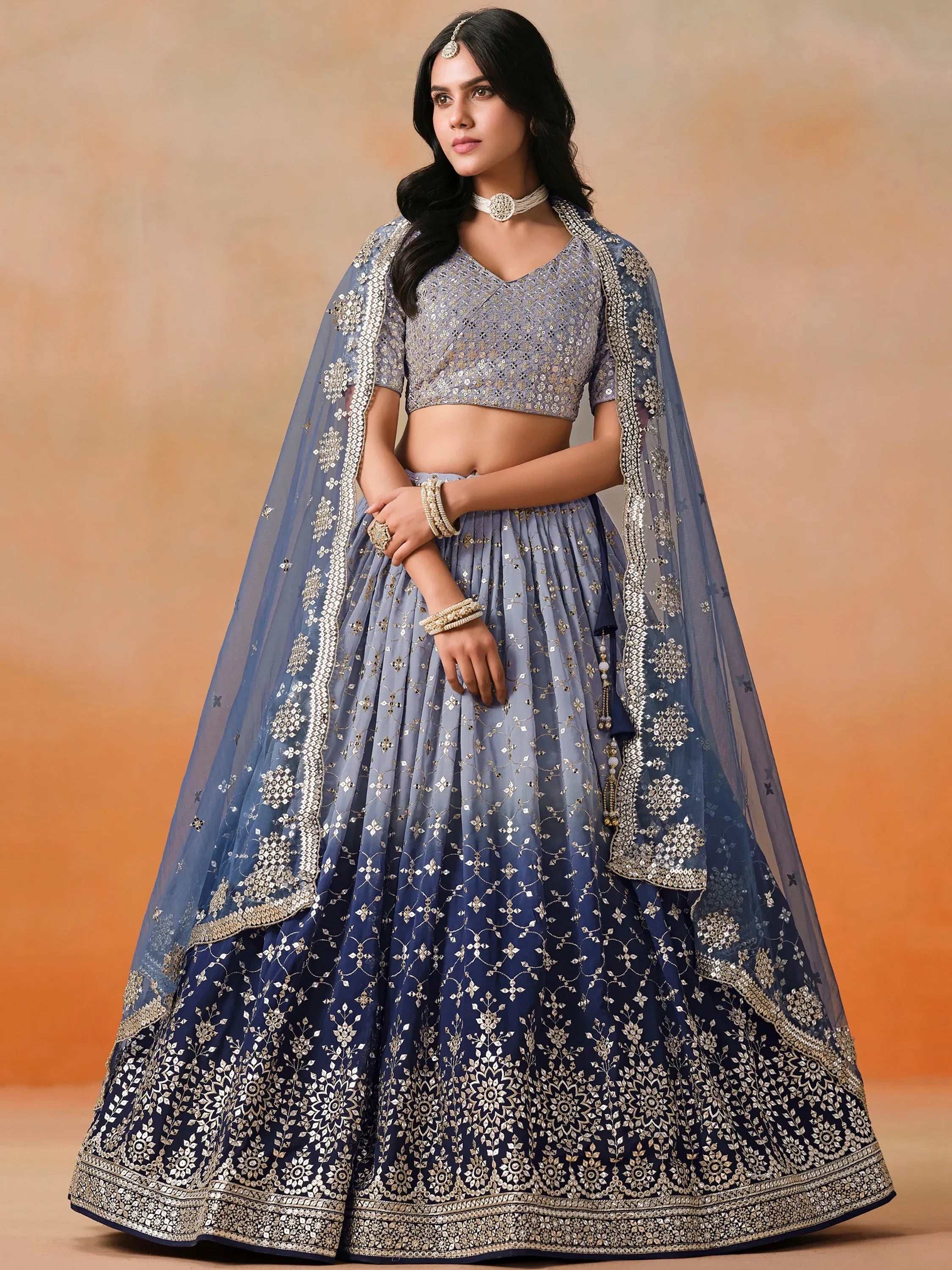 Precious Blue Sequins Georgette Party Wear Plus Size Lehenga Choli