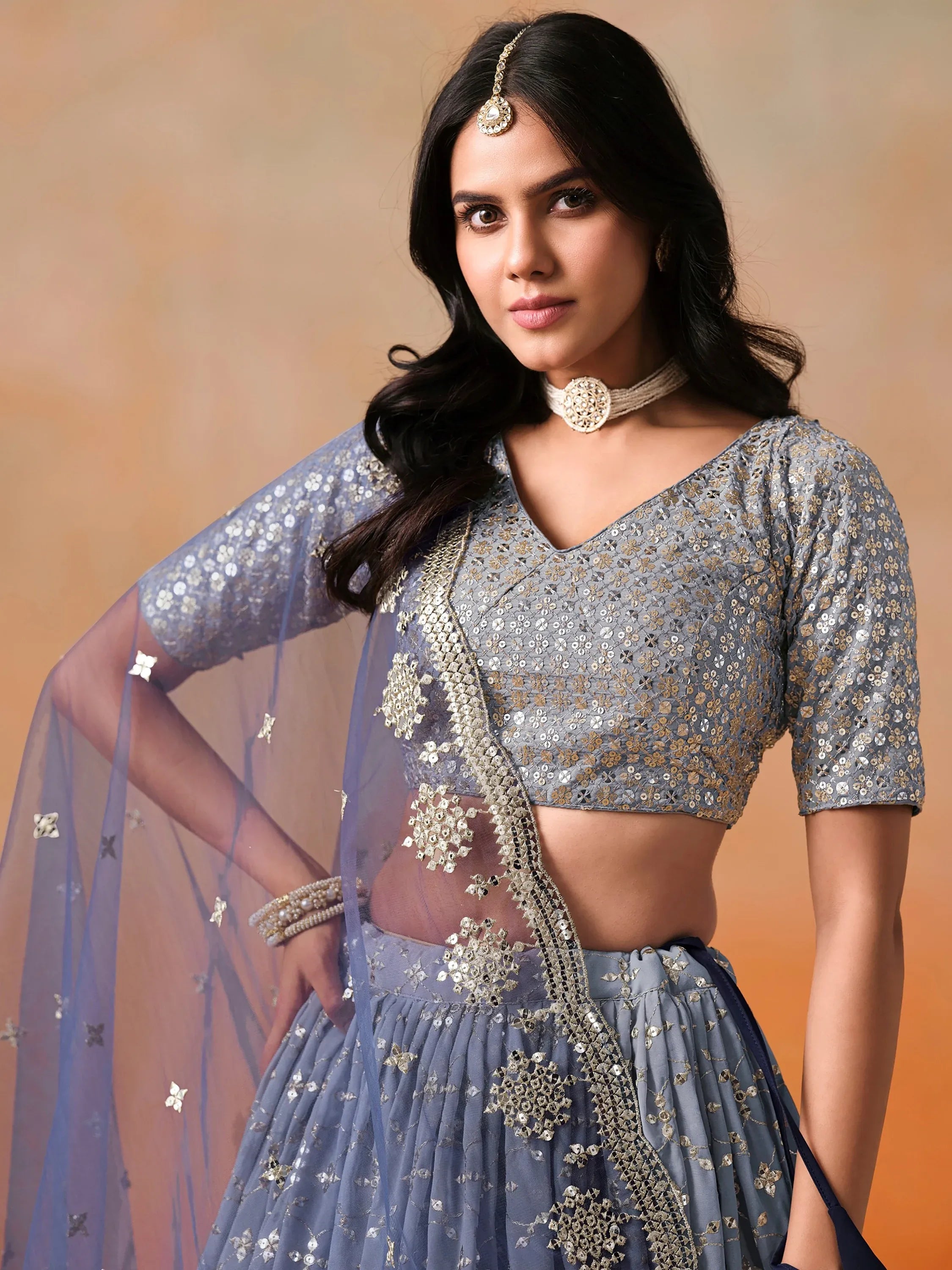 Precious Blue Sequins Georgette Party Wear Plus Size Lehenga Choli