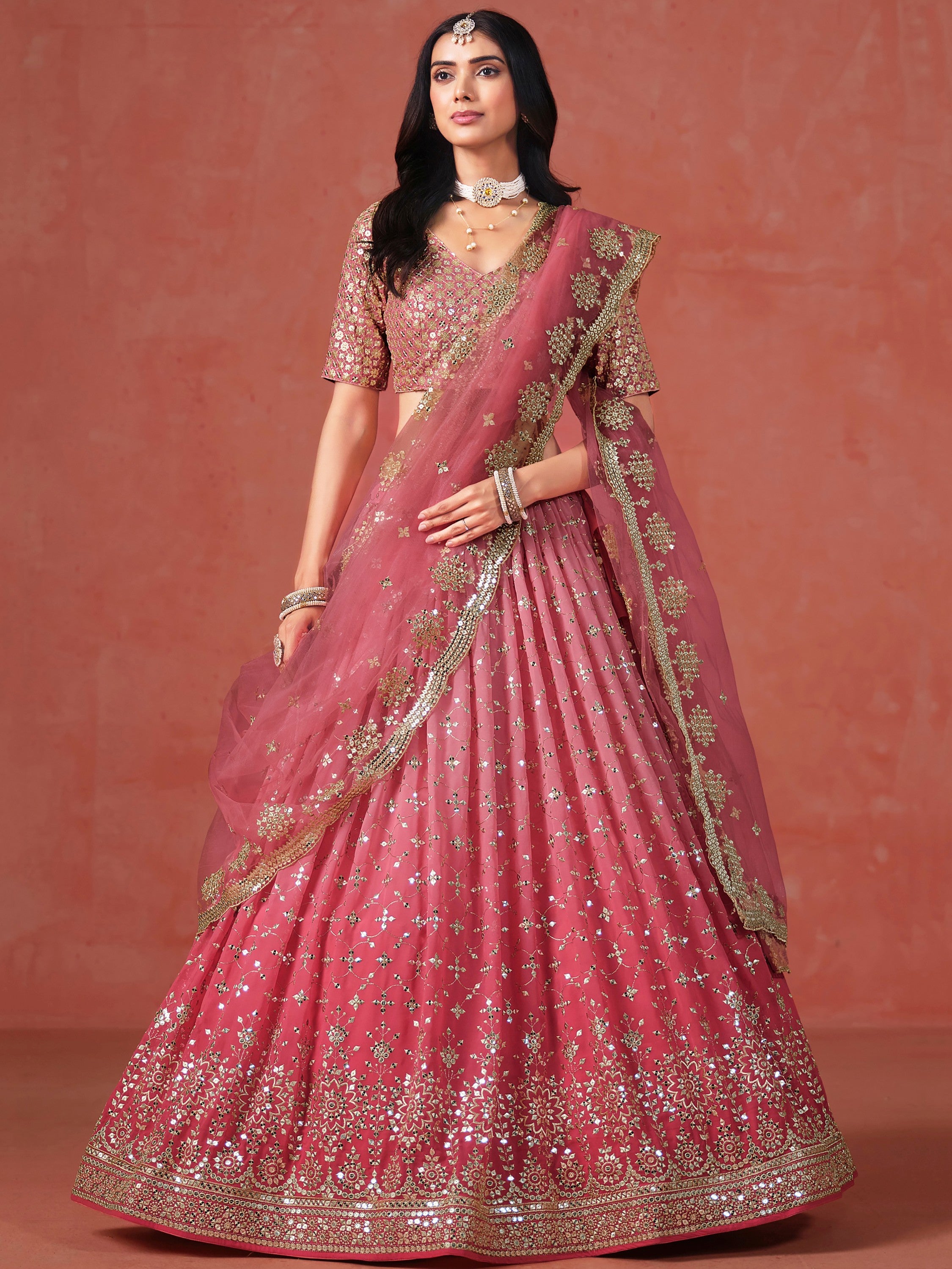 Majestic Peach Sequins Georgette Wedding Wear Plus Size Lehenga Choli
