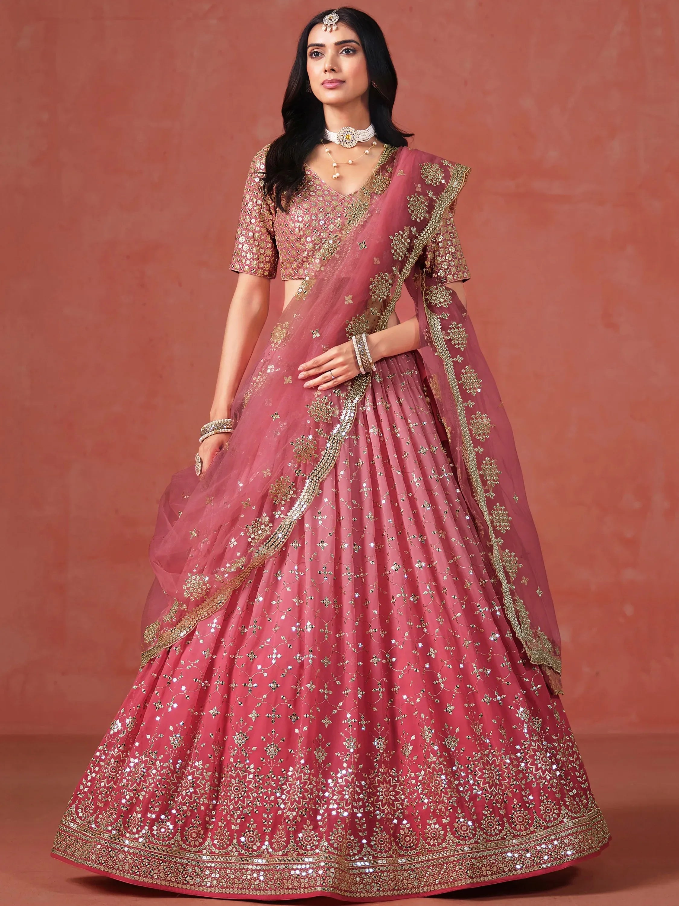 Majestic Peach Sequins Georgette Wedding Wear Plus Size Lehenga Choli