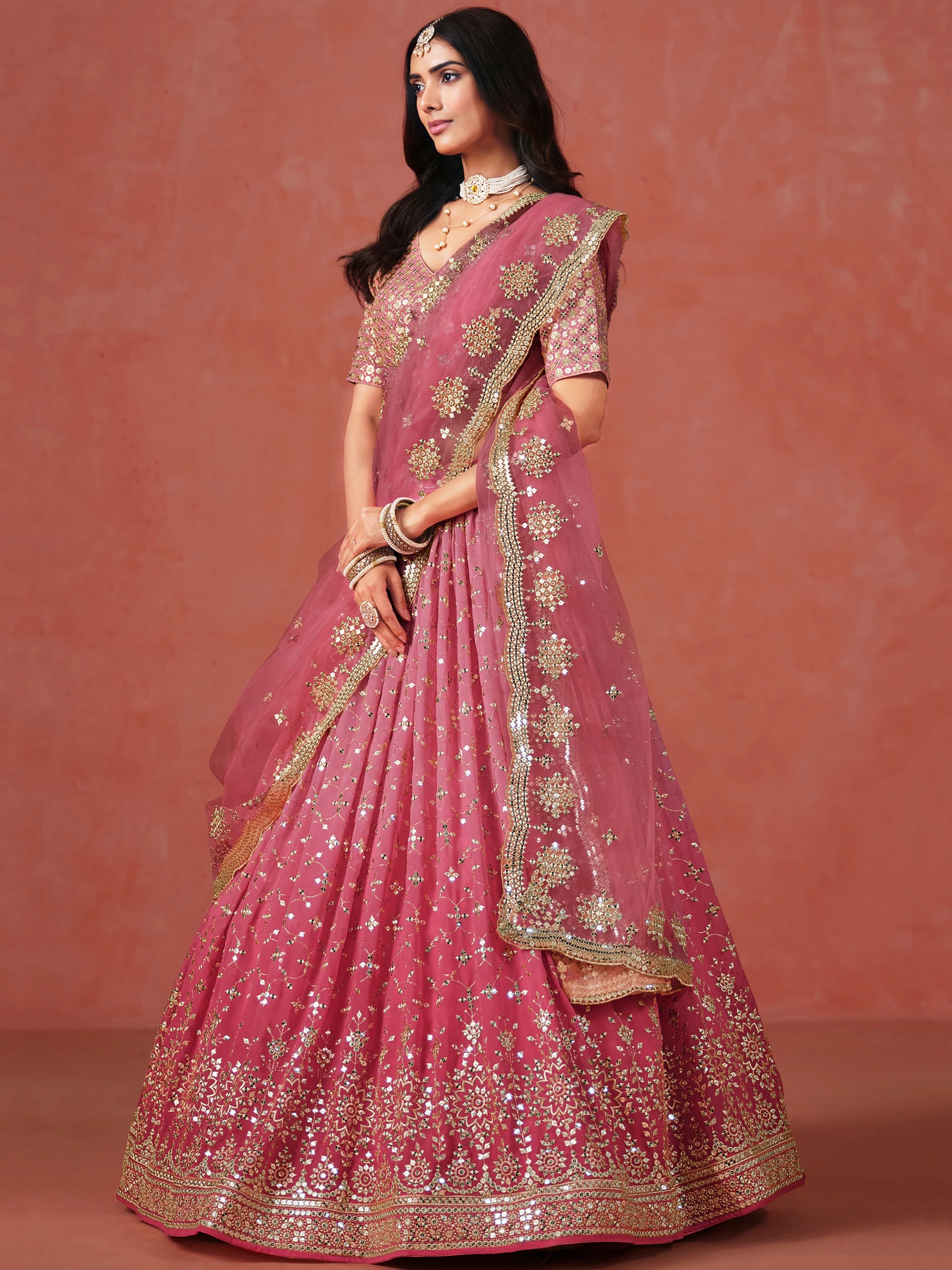 Majestic Peach Sequins Georgette Wedding Wear Plus Size Lehenga Choli