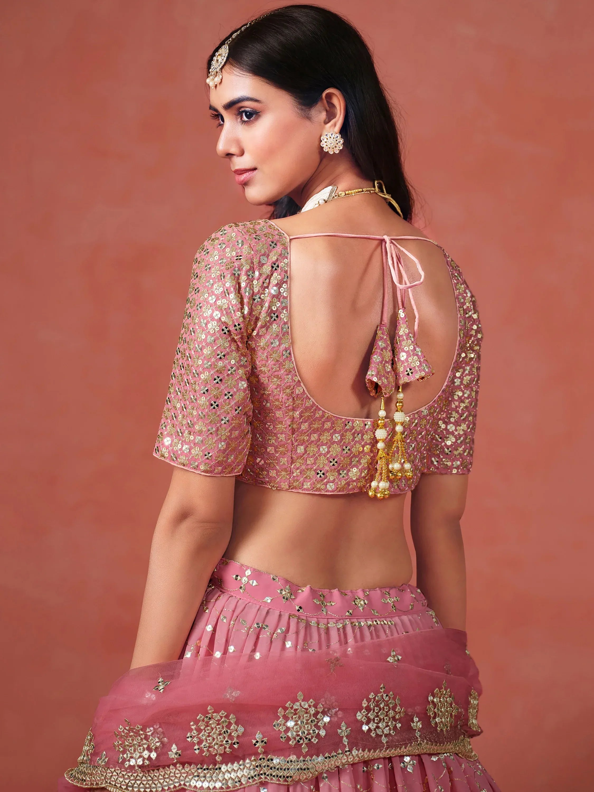 Majestic Peach Sequins Georgette Wedding Wear Plus Size Lehenga Choli