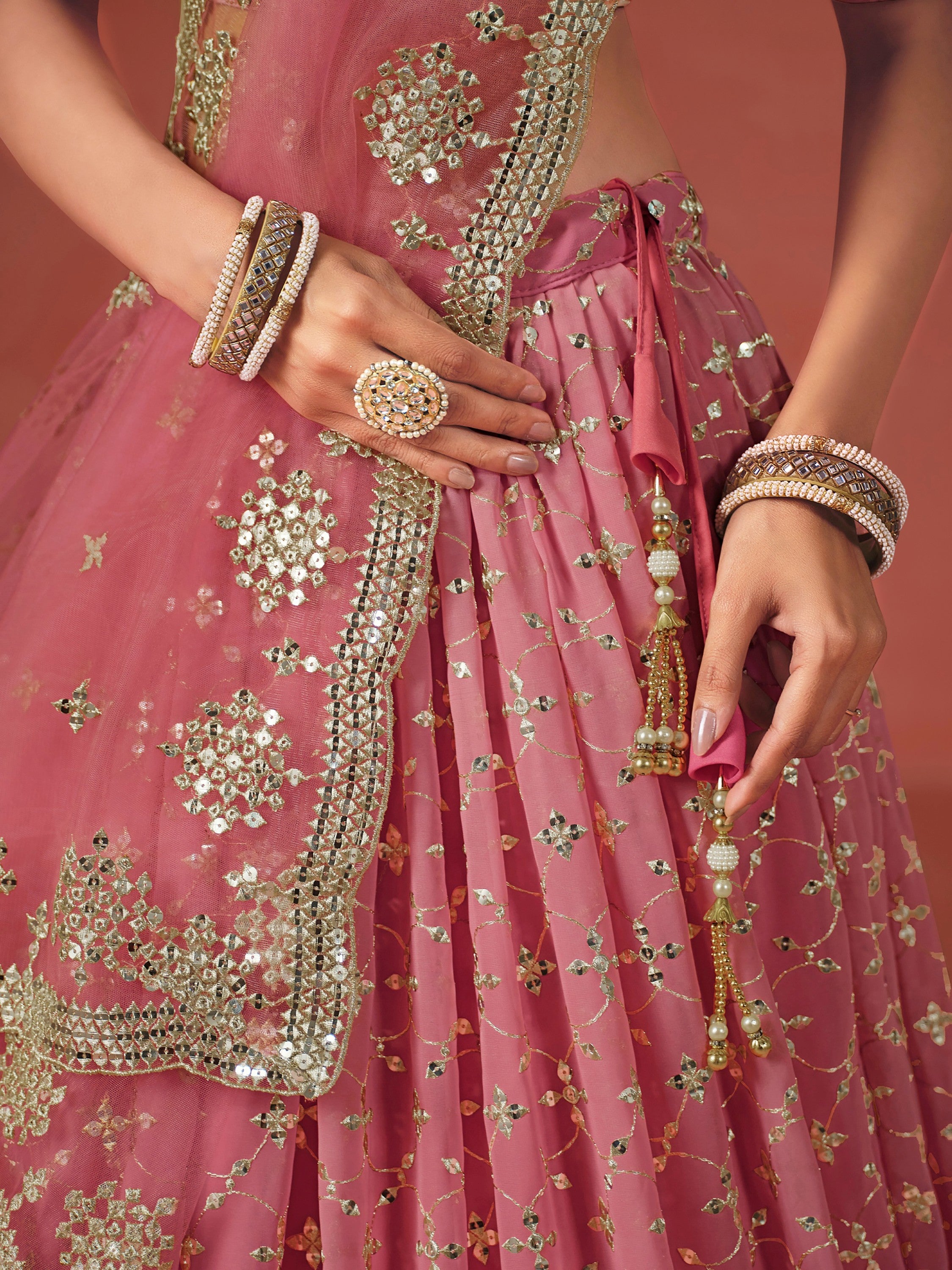 Majestic Peach Sequins Georgette Wedding Wear Plus Size Lehenga Choli