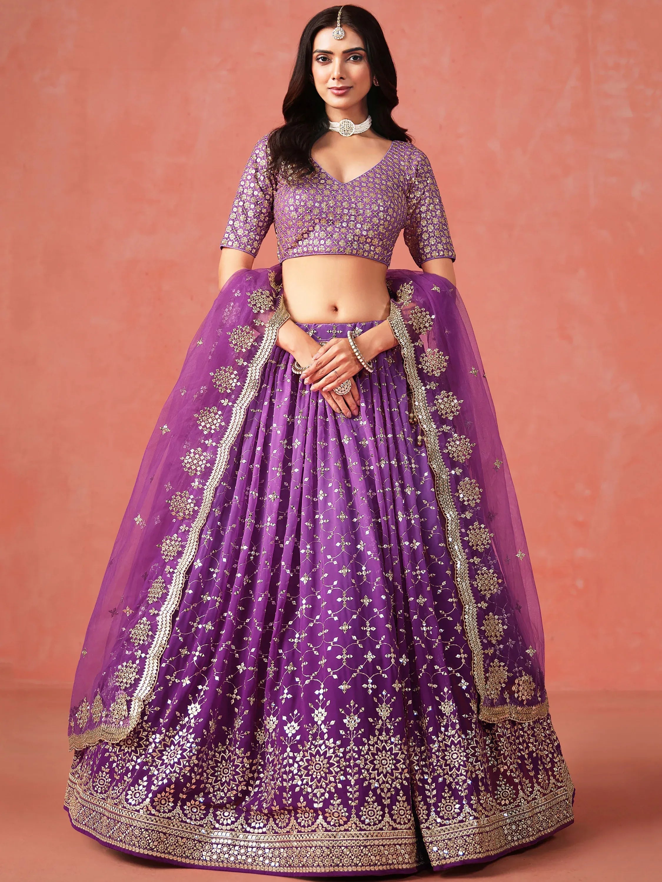 Sophistic Purple Sequins Georgette Marriage Wear Plus Size Lehenga Choli