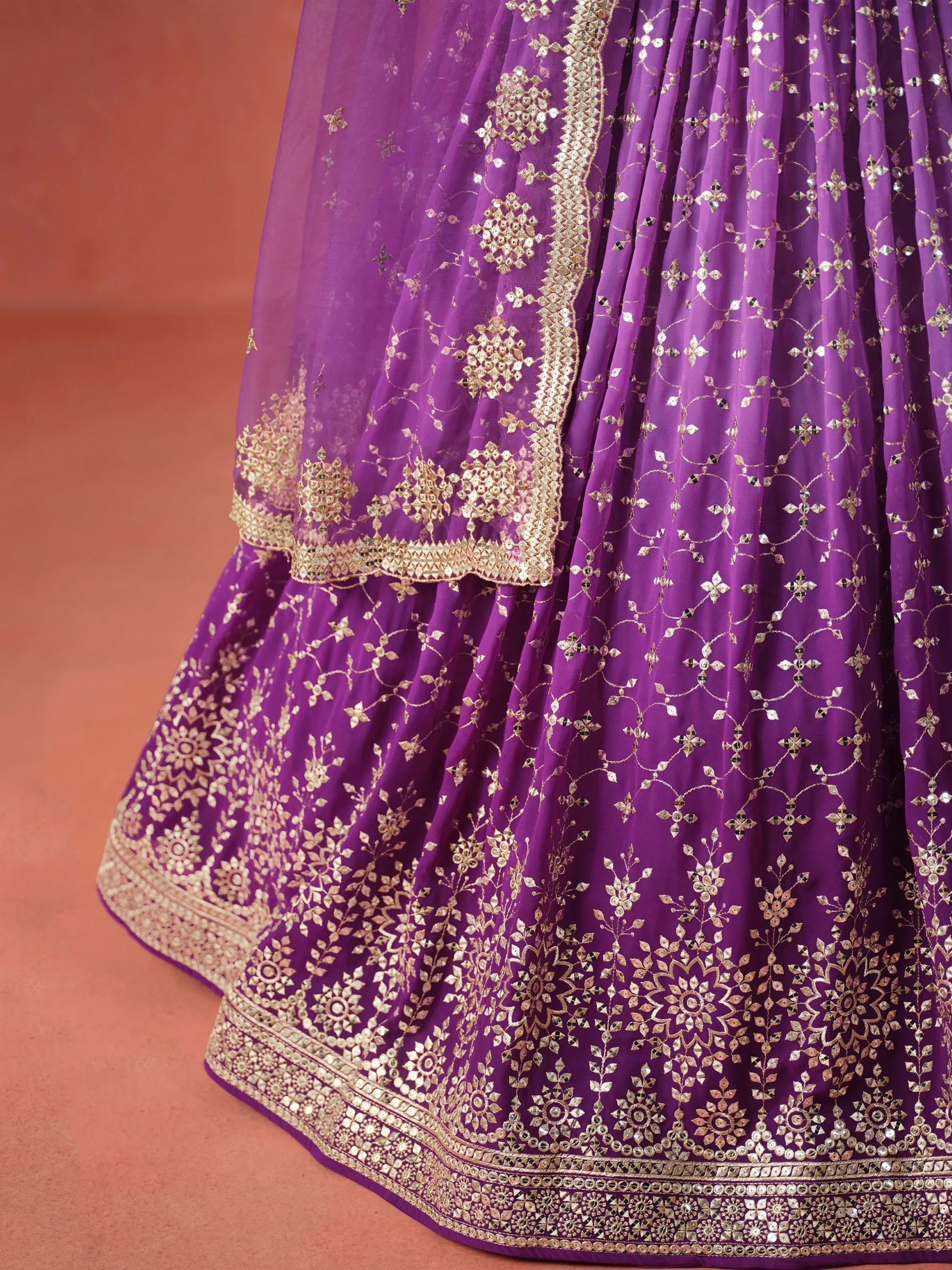 Sophistic Purple Sequins Georgette Marriage Wear Plus Size Lehenga Choli