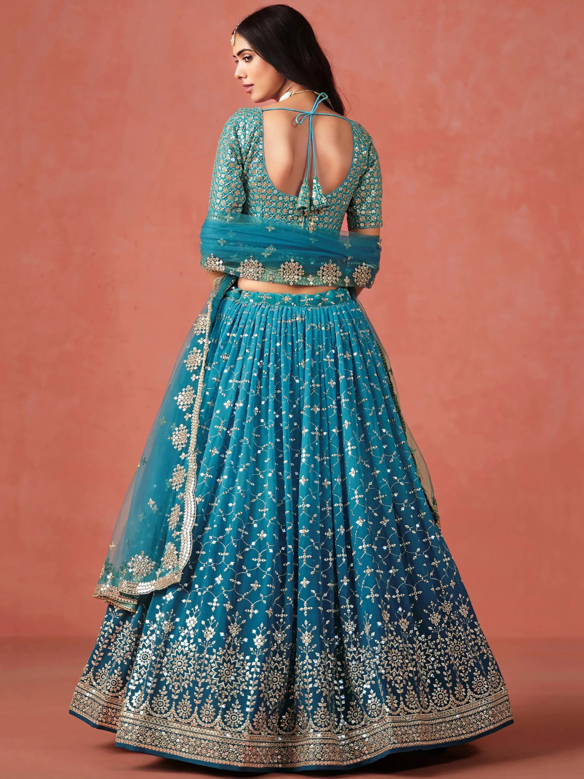 Great Blue Embroidered Georgette Sangeet Wear Plus Size Lehenga Choli
