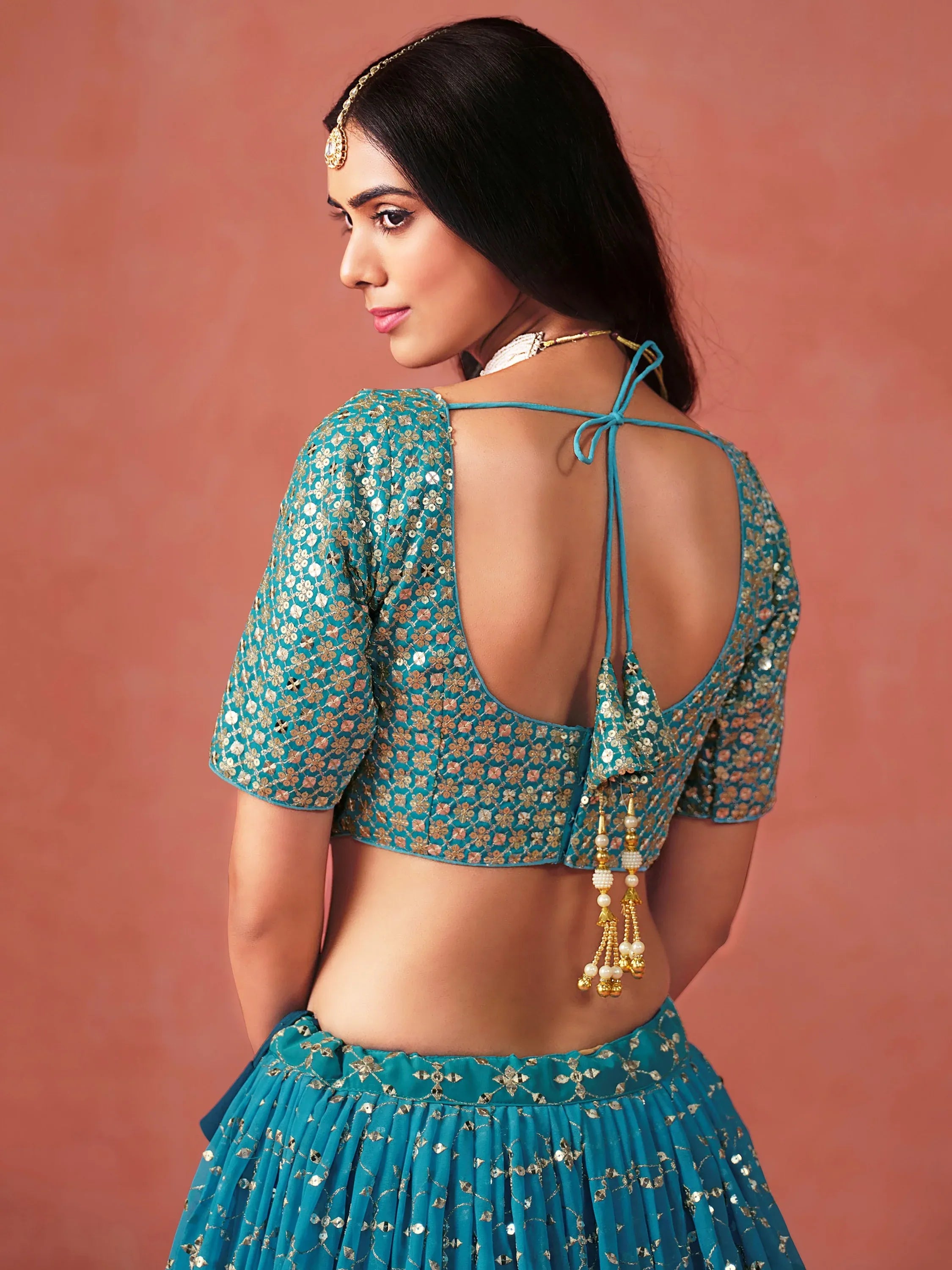 Great Blue Embroidered Georgette Sangeet Wear Plus Size Lehenga Choli