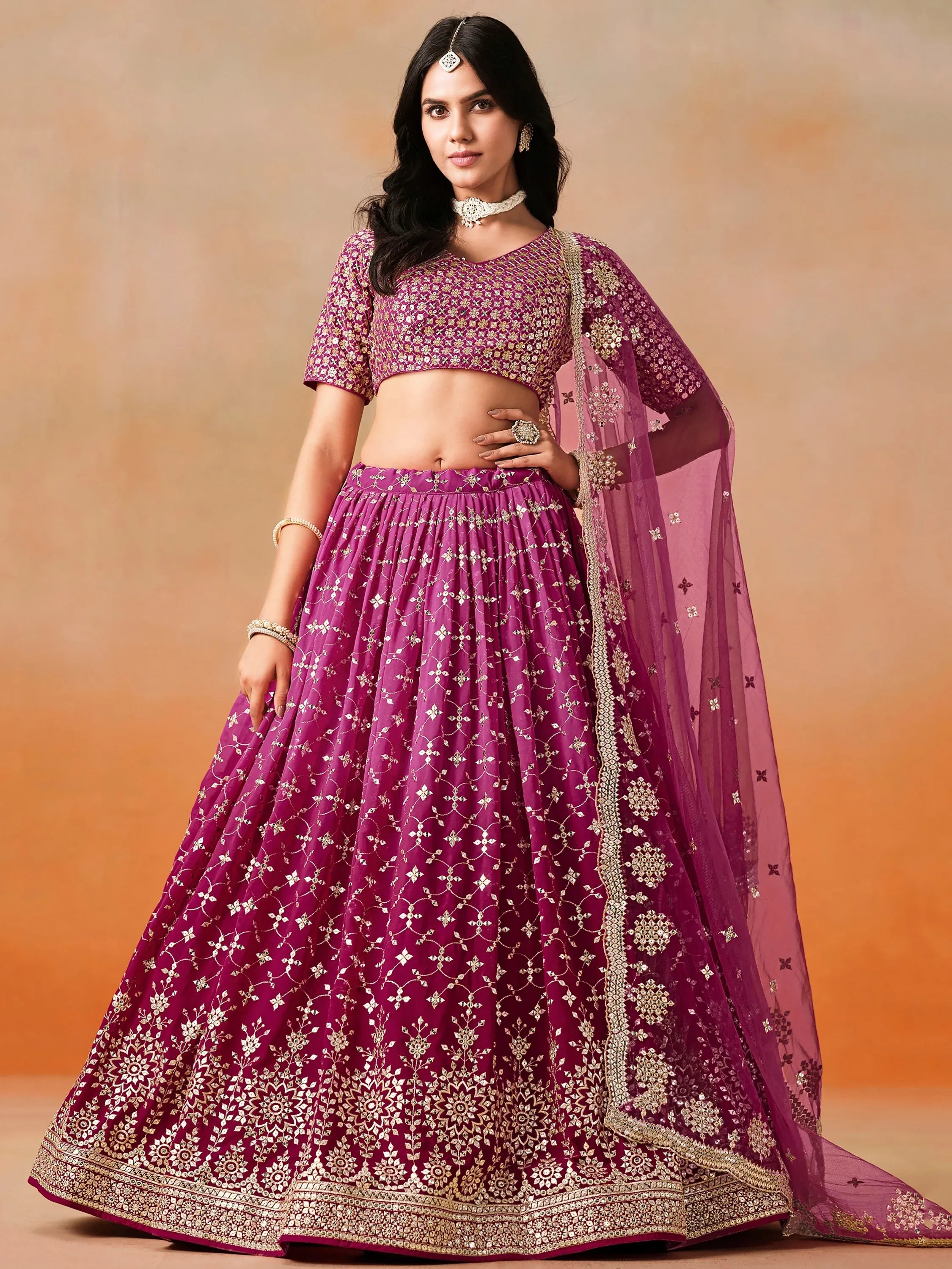 Elegant Pink Embroidered Georgette Function Wear Plus Size Lehenga Choli