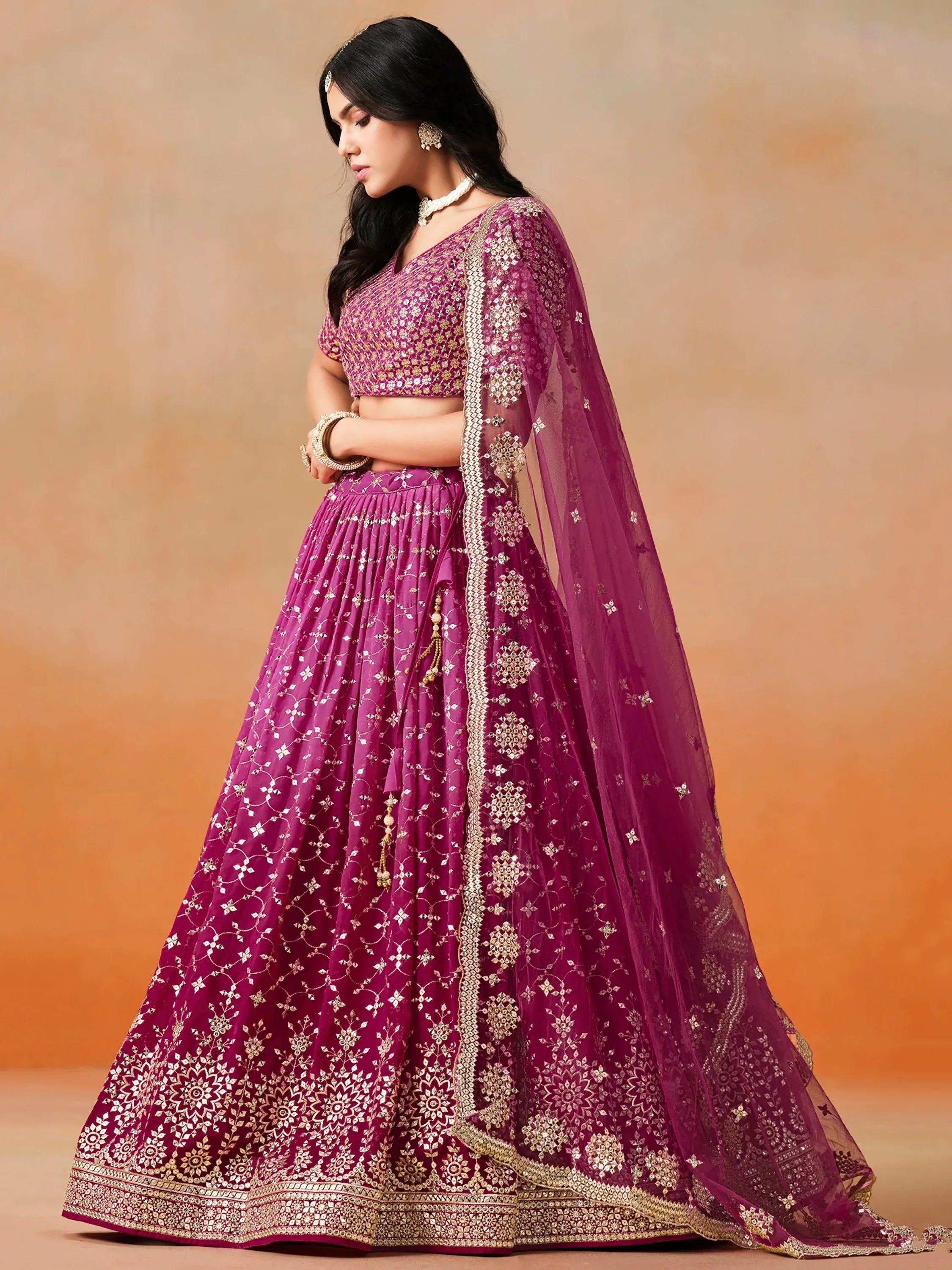 Elegant Pink Embroidered Georgette Function Wear Plus Size Lehenga Choli