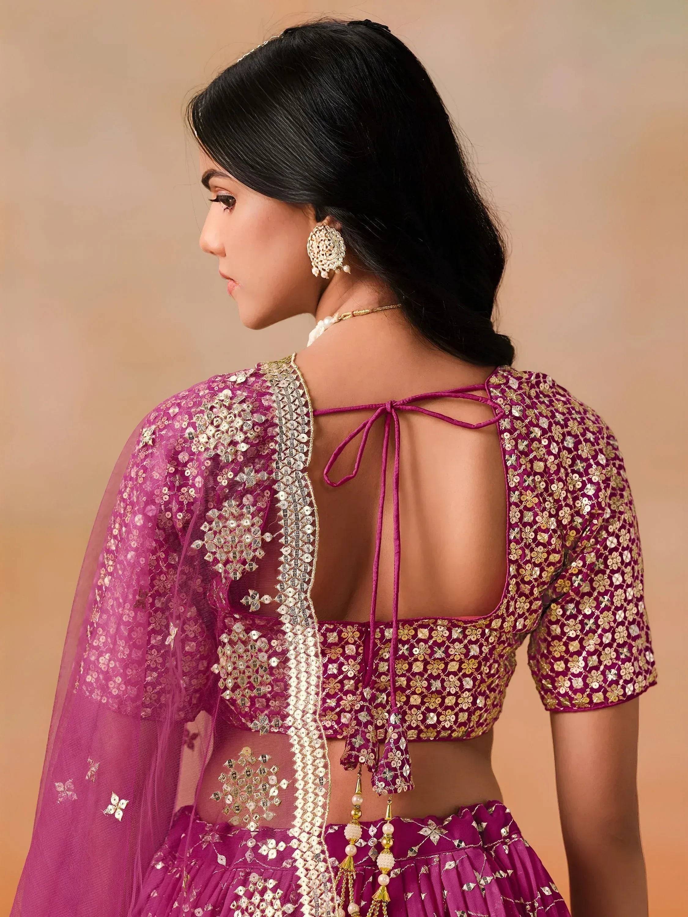 Purple sequin lehenga choli with back tie blouse and sheer dupatta, Indian ethnic wear