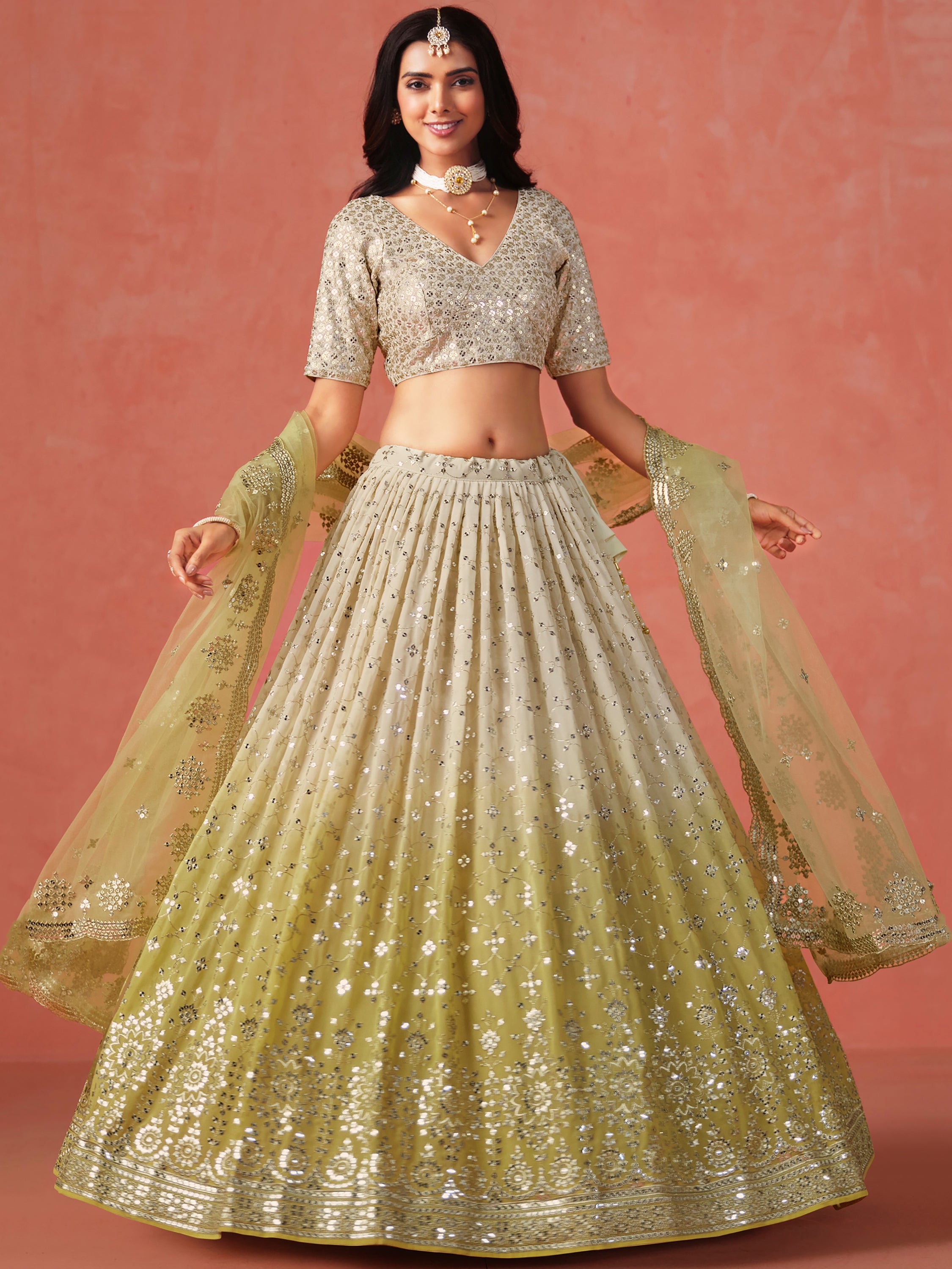 Sparkling Yellow Sequins Georgette Wedding Wear Plus Size Lehenga Choli