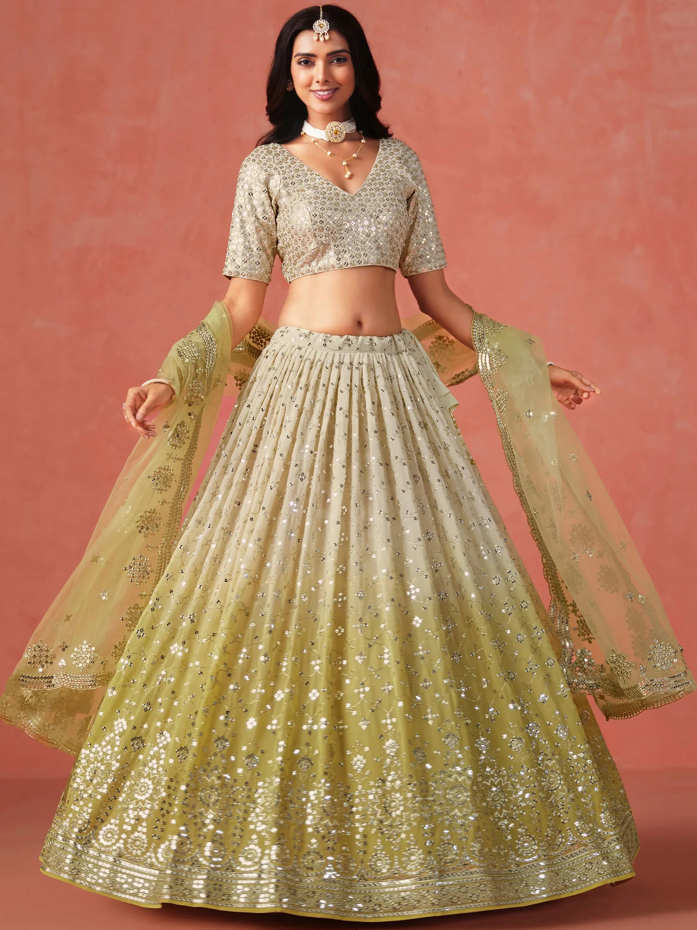 Sparkling Yellow Sequins Georgette Wedding Wear Plus Size Lehenga Choli