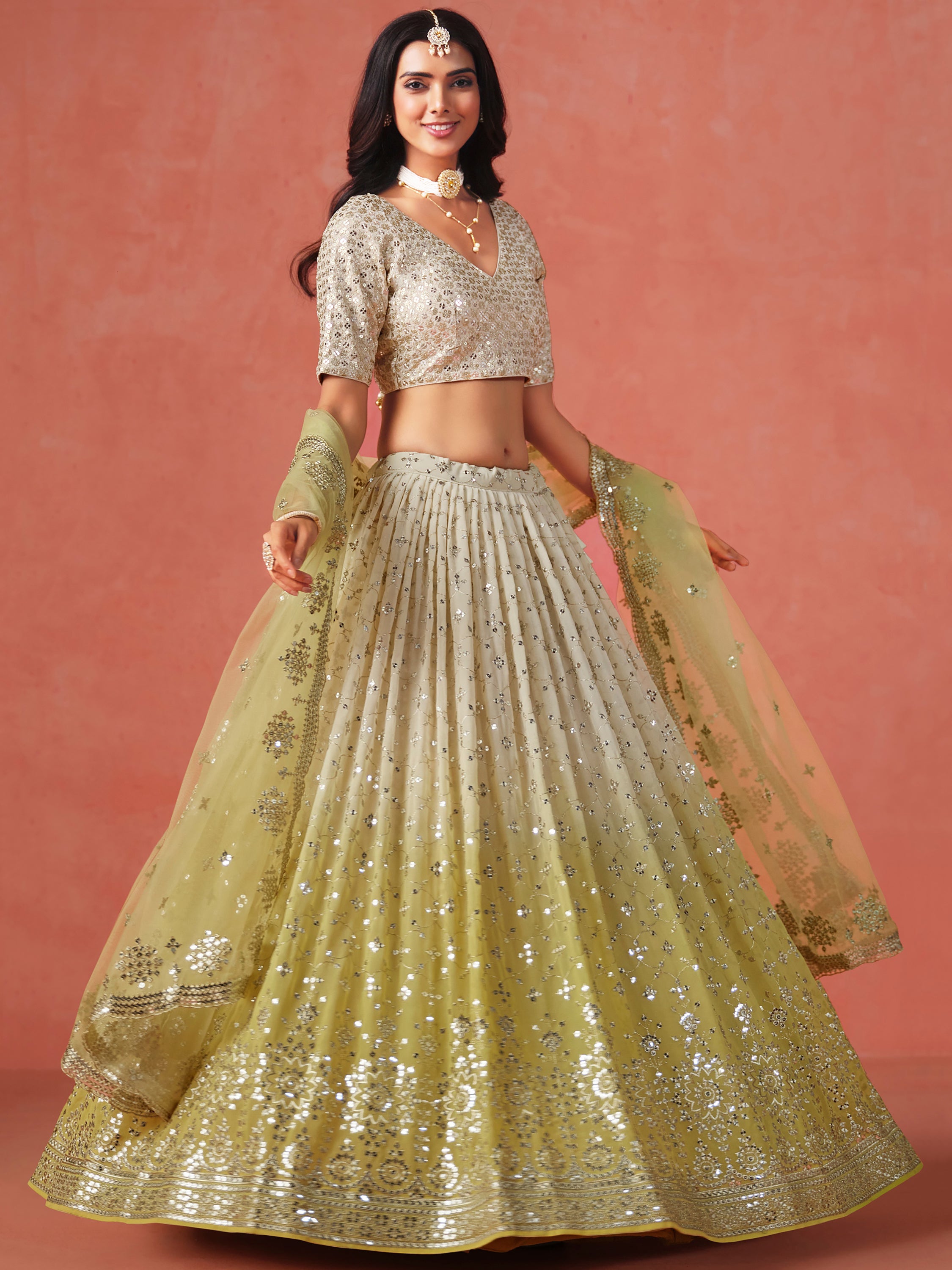Sparkling Yellow Sequins Georgette Wedding Wear Plus Size Lehenga Choli
