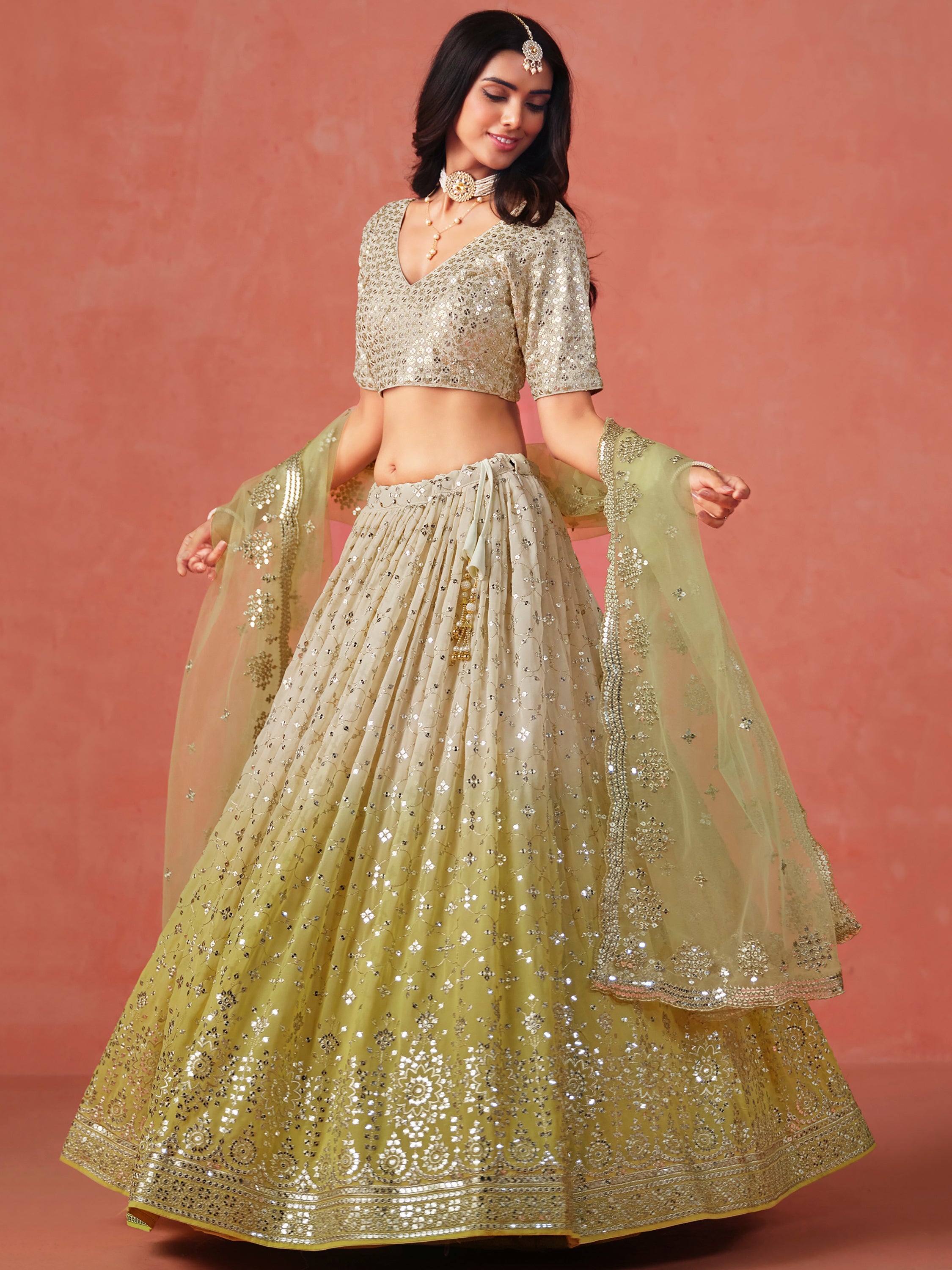 Sparkling Yellow Sequins Georgette Wedding Wear Plus Size Lehenga Choli