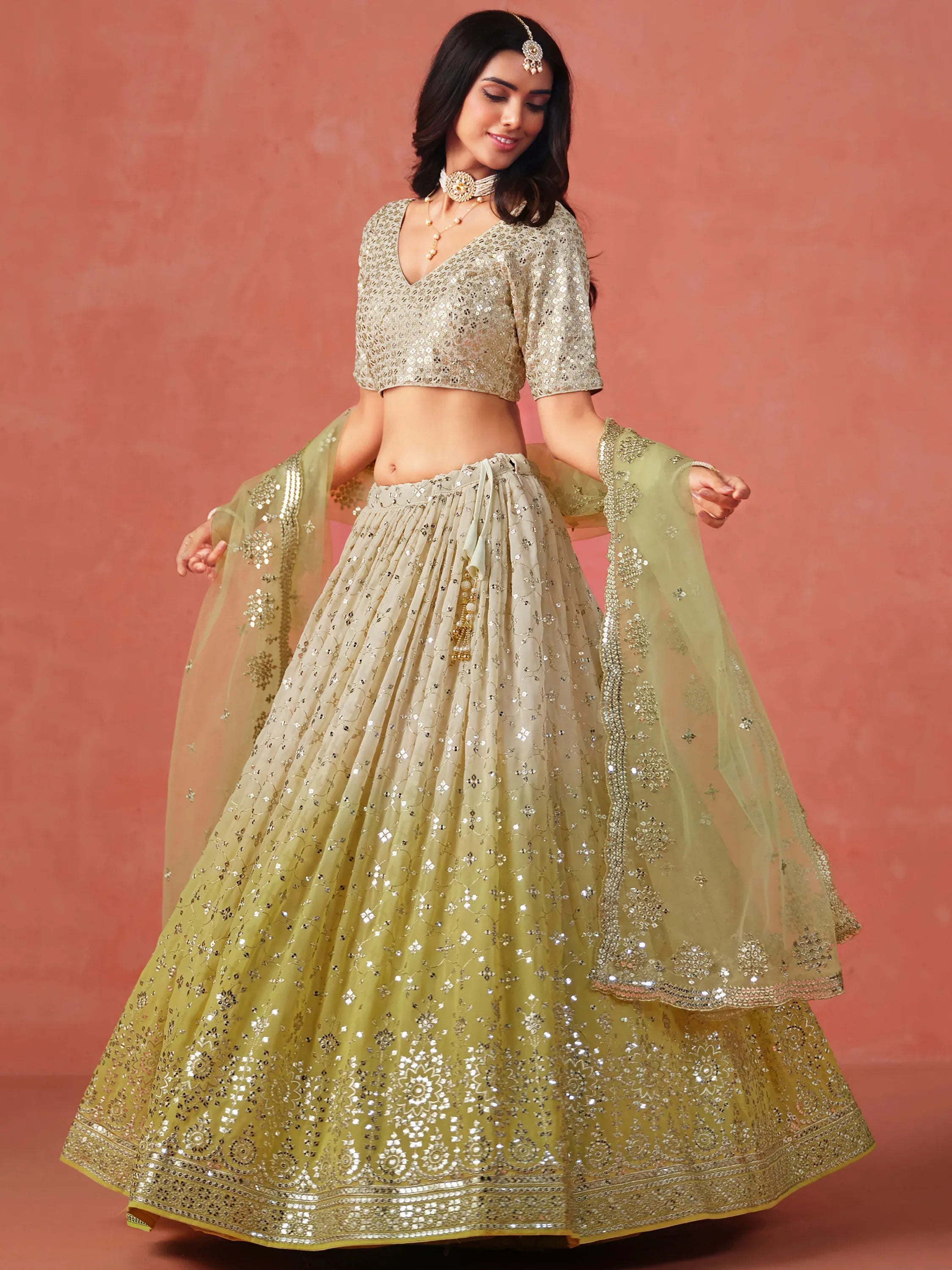 Sparkling Yellow Sequins Georgette Wedding Wear Plus Size Lehenga Choli