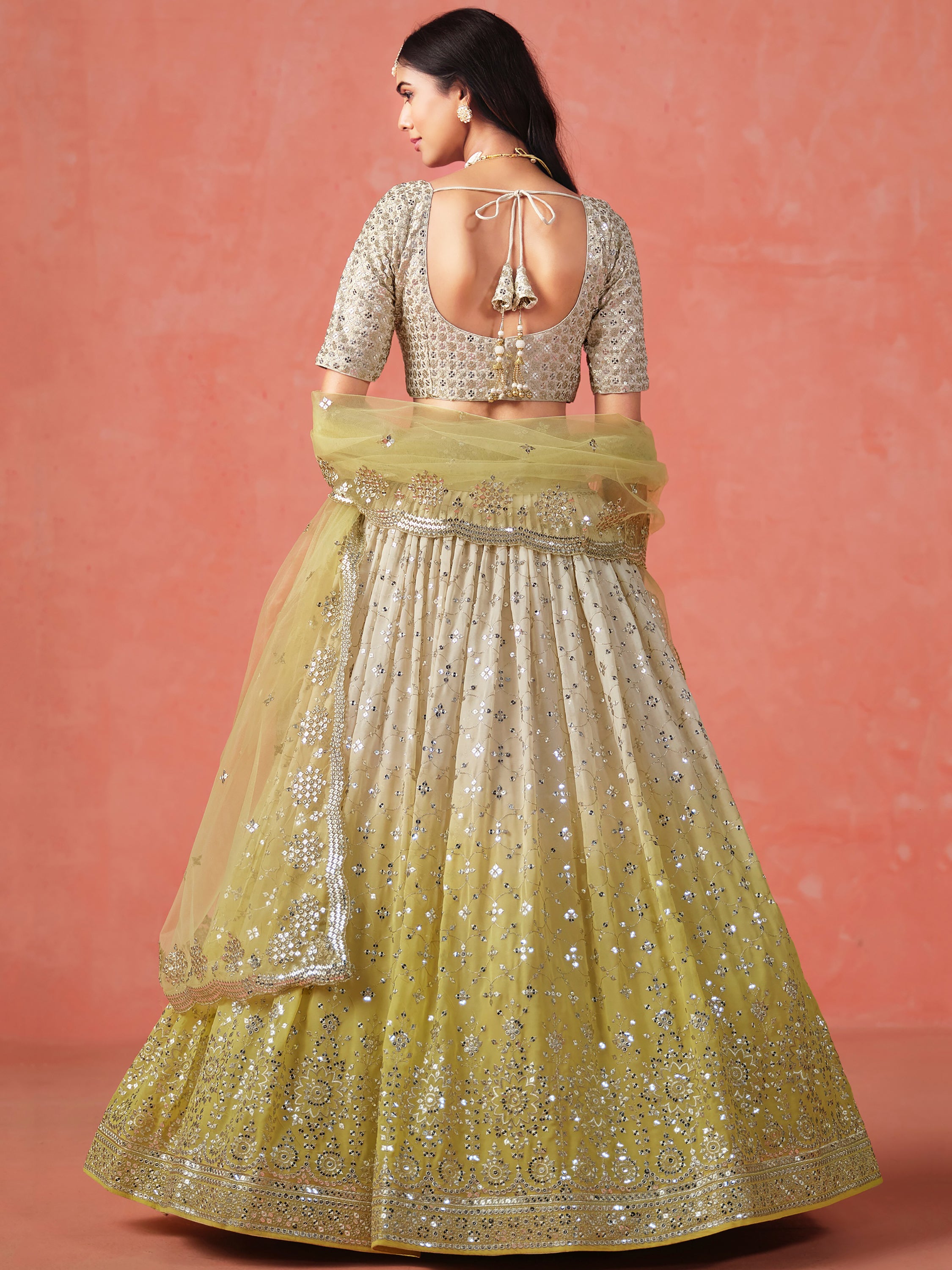 Sparkling Yellow Sequins Georgette Wedding Wear Plus Size Lehenga Choli