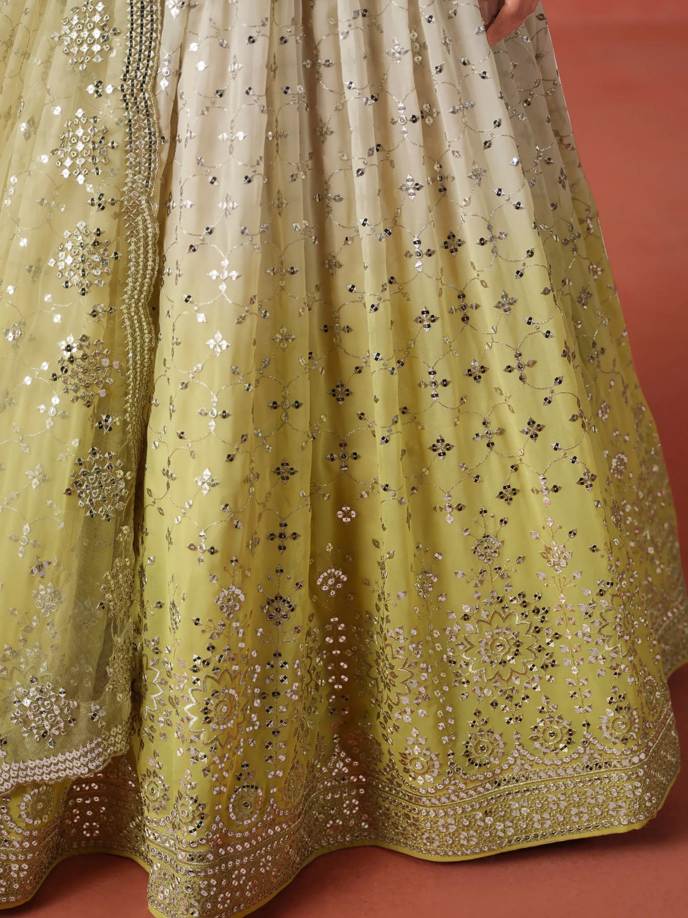 Sparkling Yellow Sequins Georgette Wedding Wear Plus Size Lehenga Choli