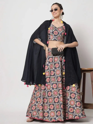 Adorable Navy Blue Printed Silk Party Wear Lehenga Choli With Shrug