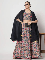 Adorable Navy Blue Printed Silk Party Wear Lehenga Choli With Shrug