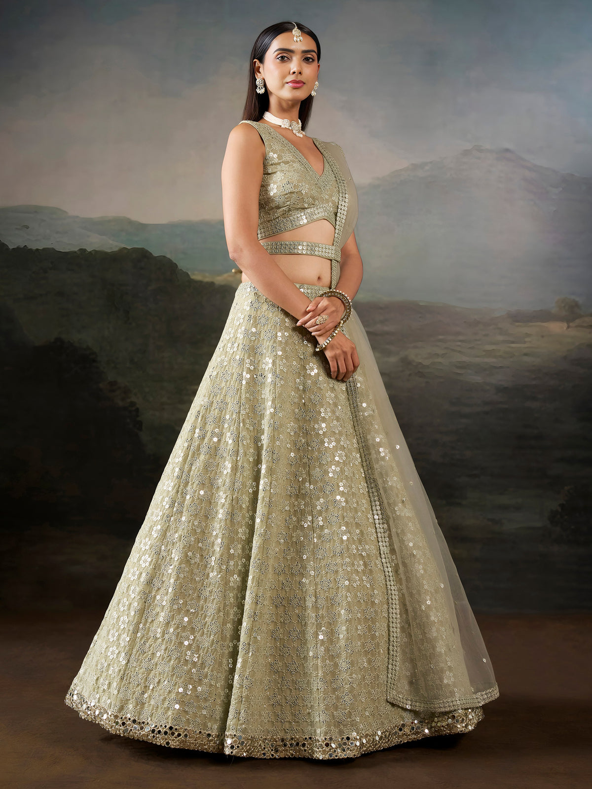 Glamours Green Sequins Georgette Mehendi Wear Lehenga Choli
