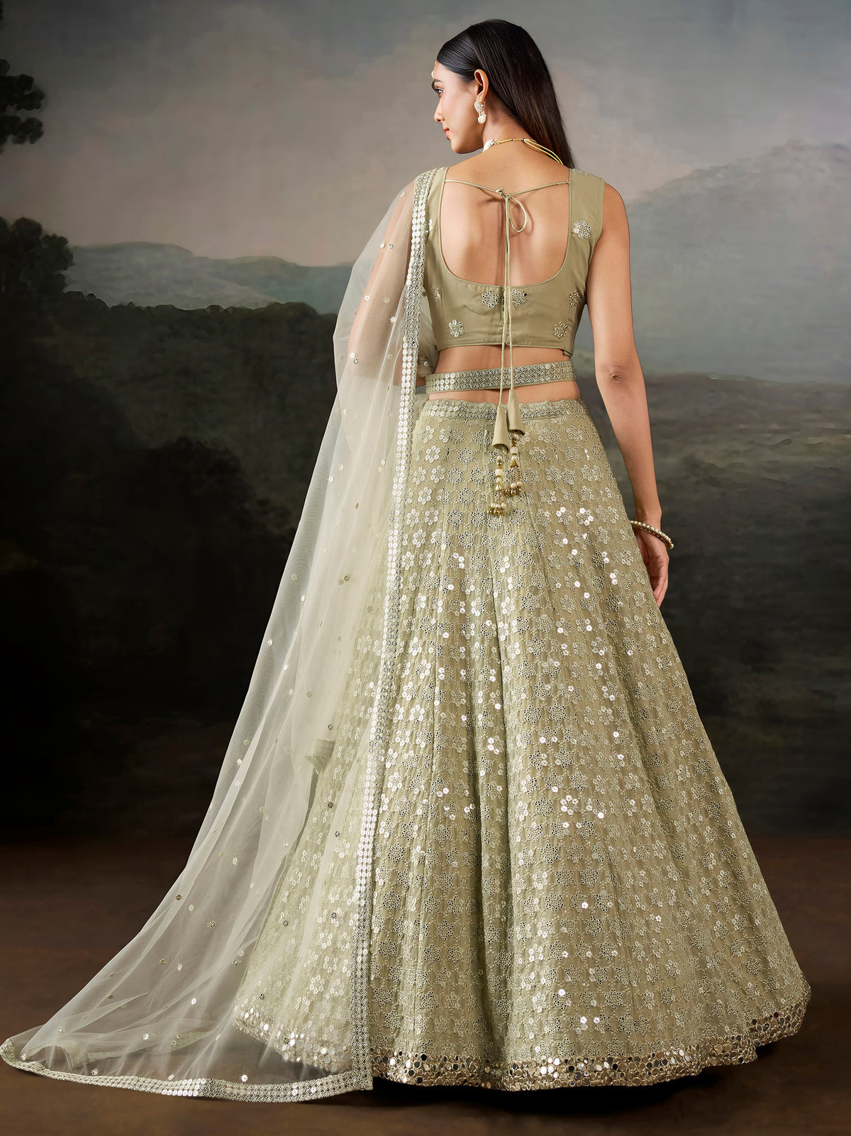 Glamours Green Sequins Georgette Mehendi Wear Lehenga Choli