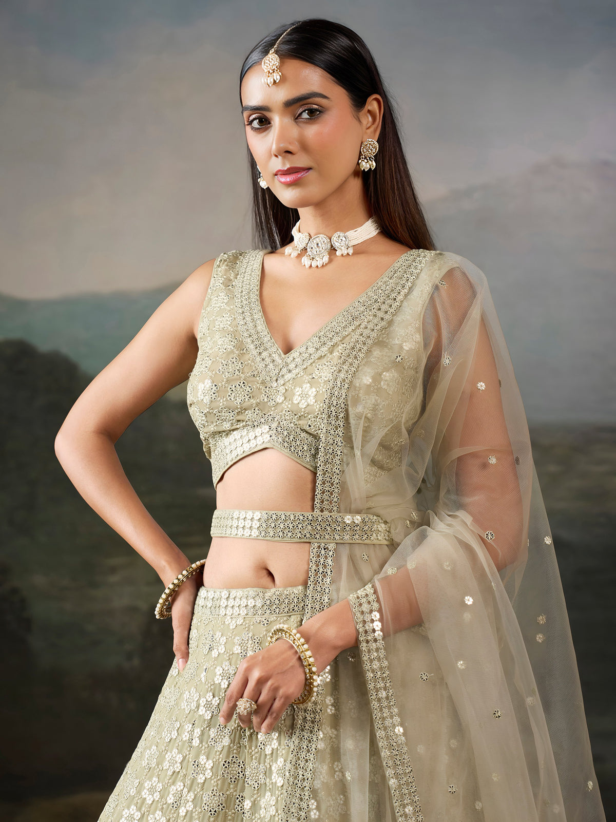 Glamours Green Sequins Georgette Mehendi Wear Lehenga Choli