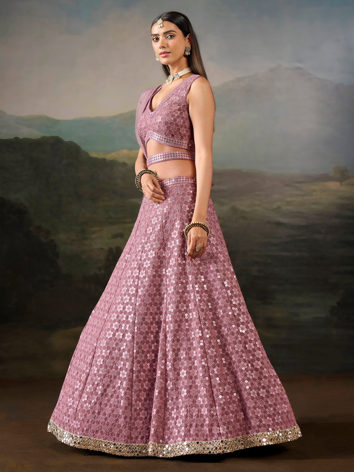Elegant Pink Mirror Laced Georgette Sangeet Wear Lehenga With Blouse