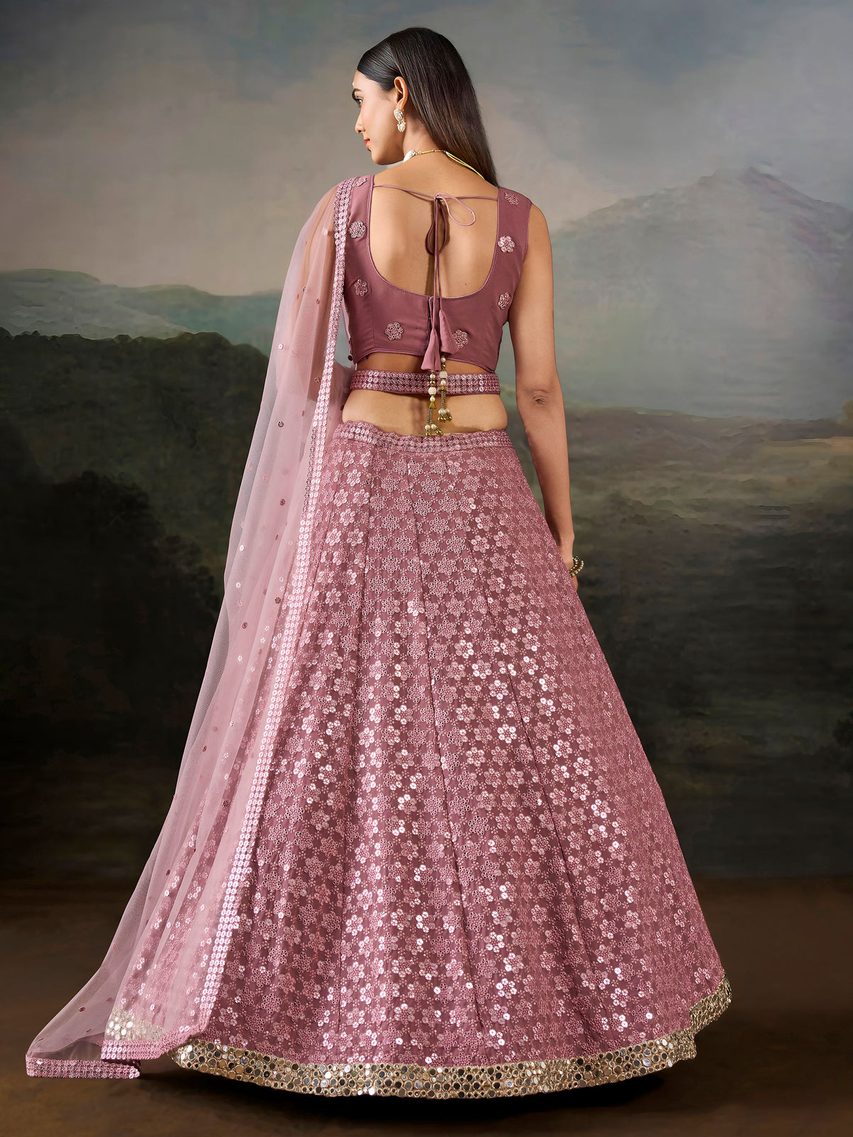Elegant Pink Mirror Laced Georgette Sangeet Wear Lehenga With Blouse