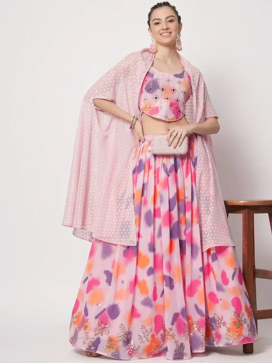Pink floral lehenga choli with embroidered crop top and sheer dupatta, perfect for Indian ethnic wear occasions