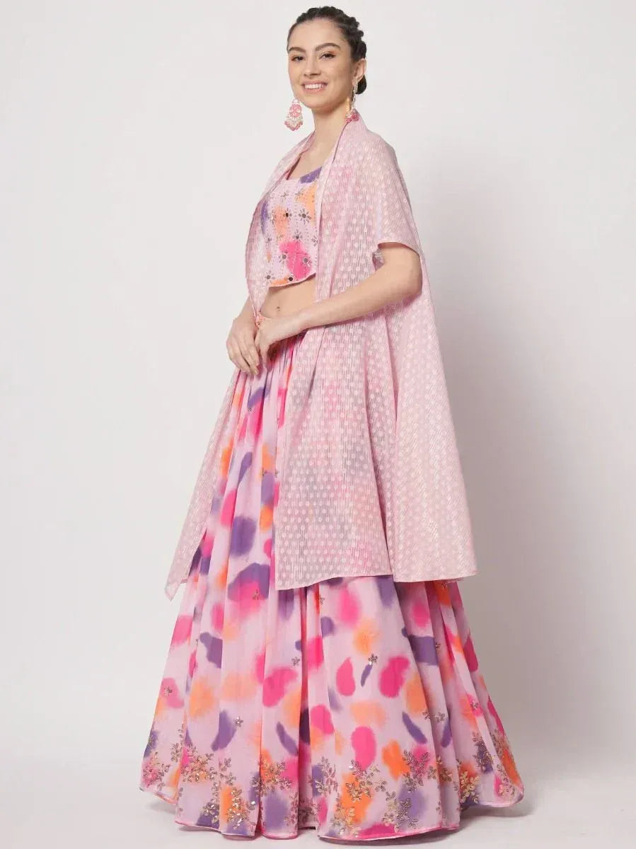 Pink floral lehenga choli with embroidered dupatta, perfect for Indian ethnic occasions