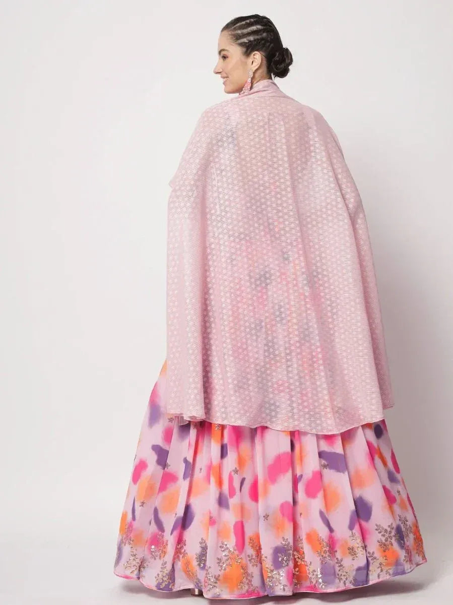 Pink floral lehenga choli with sheer cape, ethnic Indian wear for women