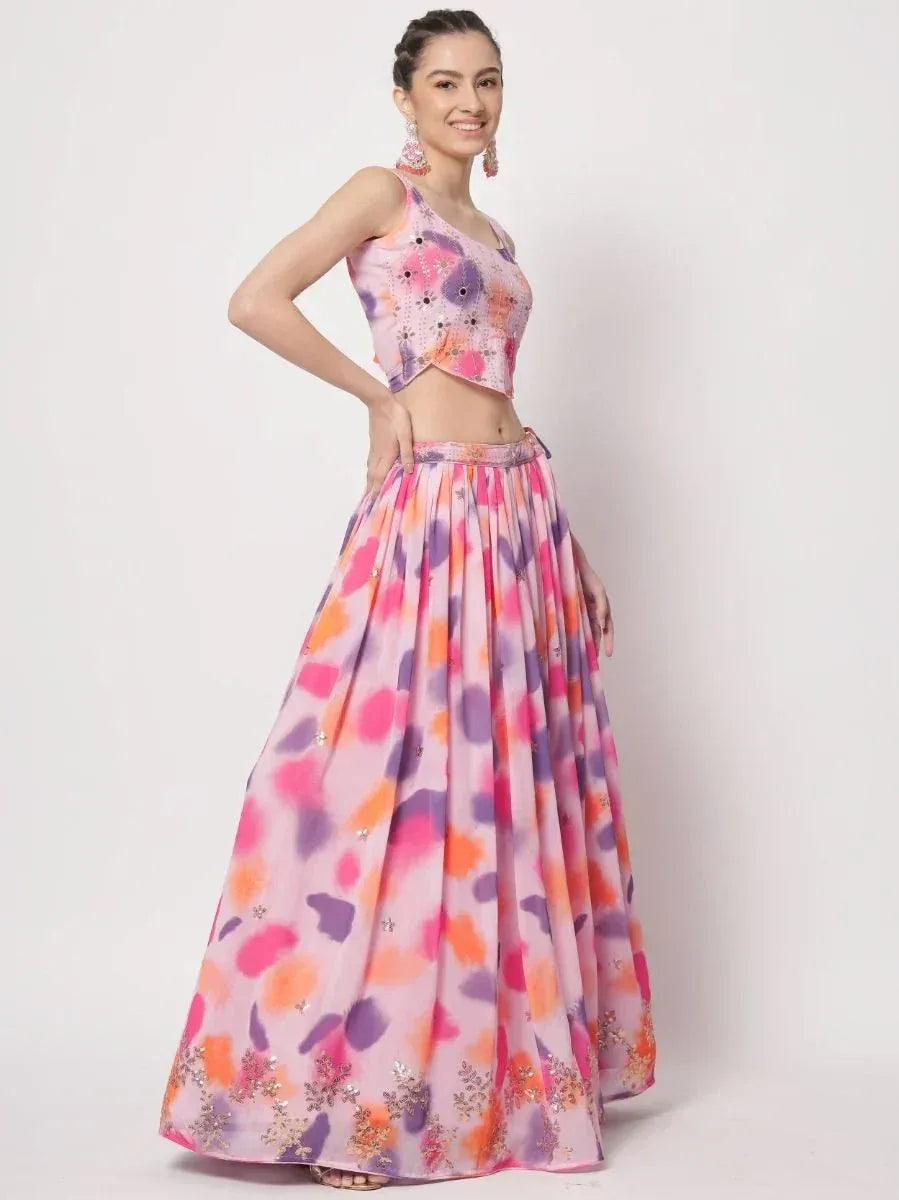 Floral print lehenga choli with sequin embellishments, perfect for Indian ethnic wear occasions