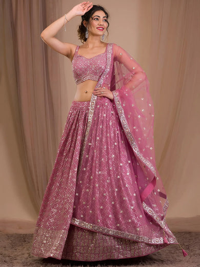 Alluring Pink Sequins Georgette Engagement Wear Lehenga Choli