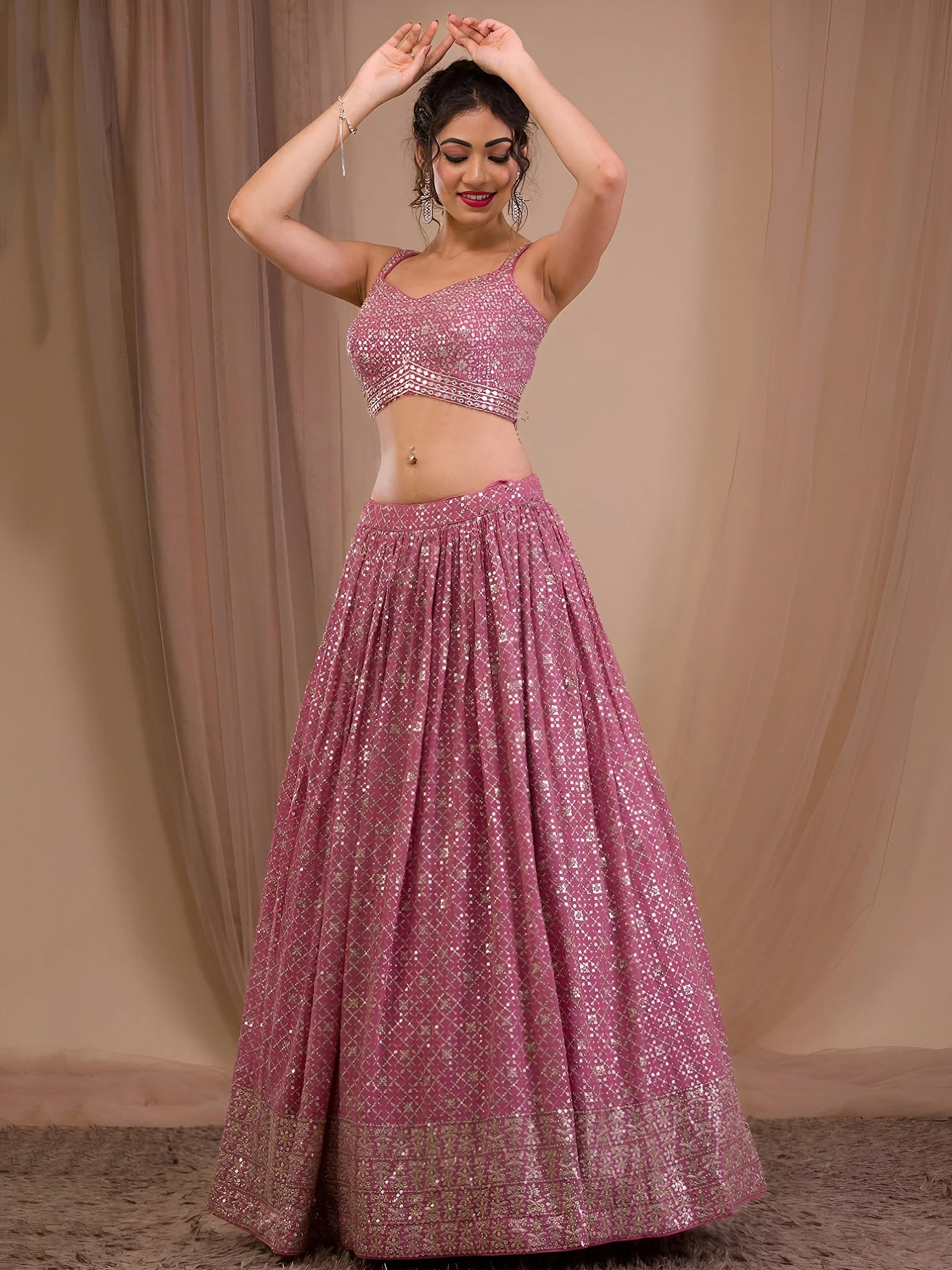Alluring Pink Sequins Georgette Engagement Wear Lehenga Choli