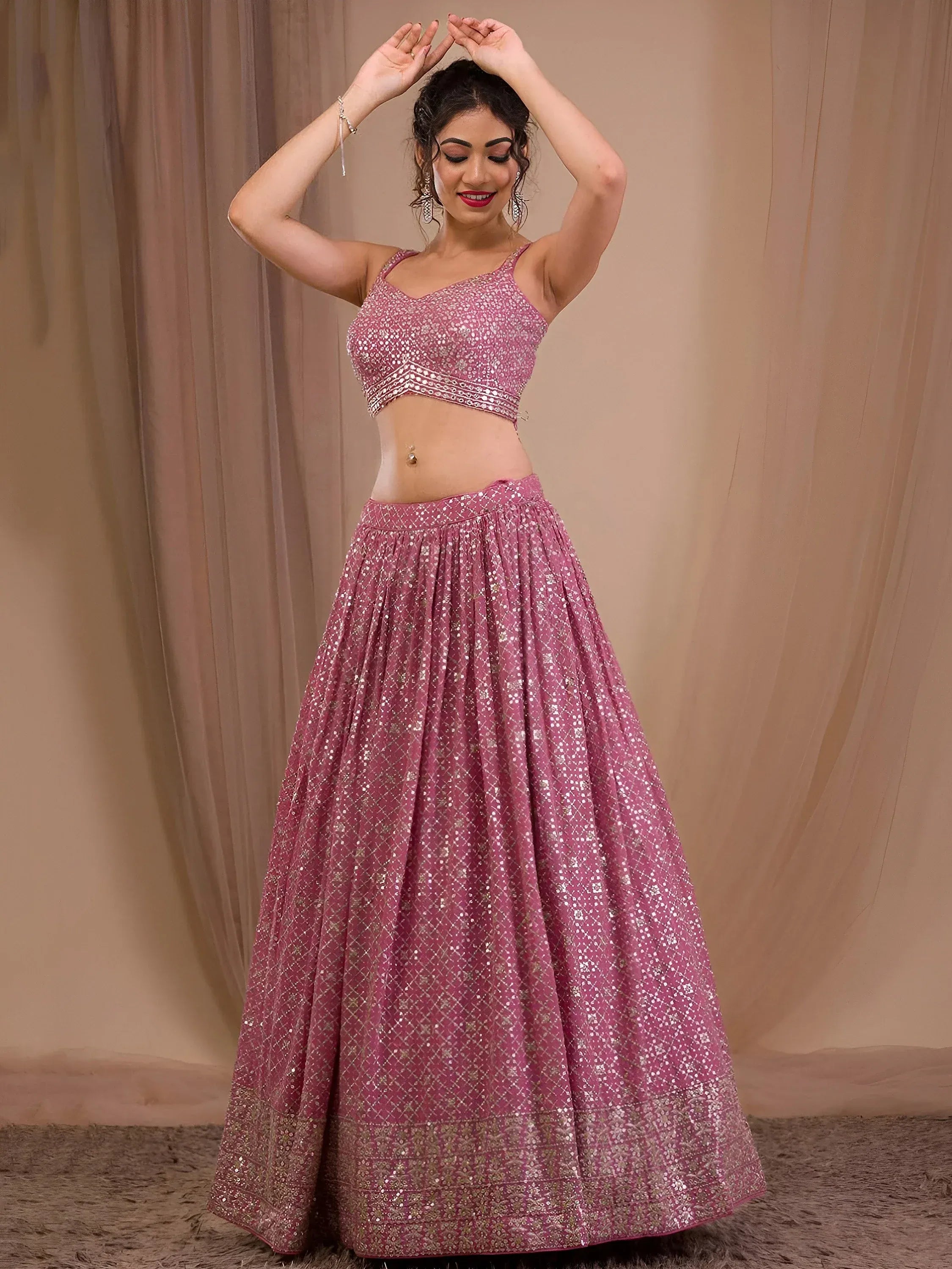 Alluring Pink Sequins Georgette Engagement Wear Lehenga Choli