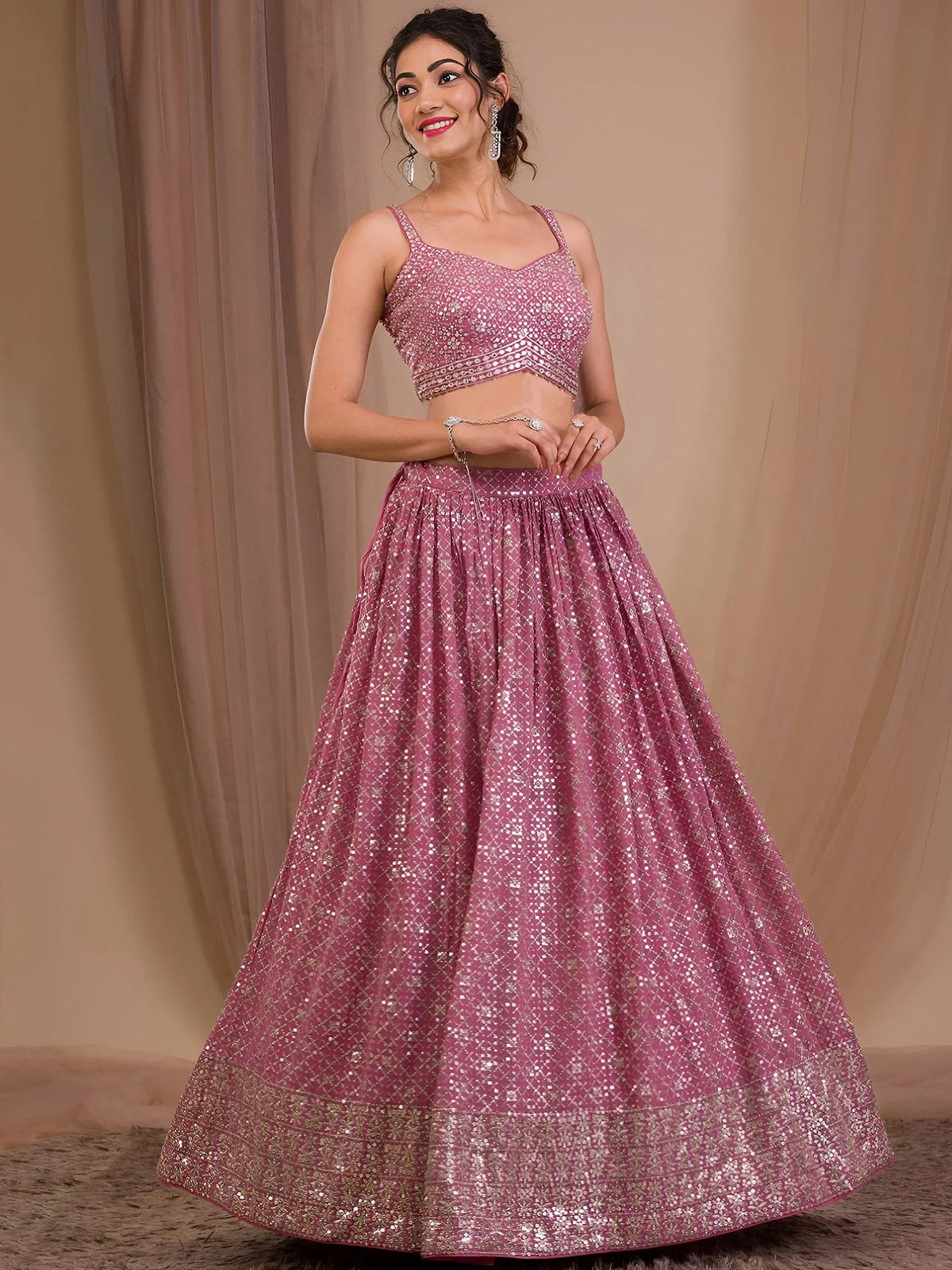 Alluring Pink Sequins Georgette Engagement Wear Lehenga Choli