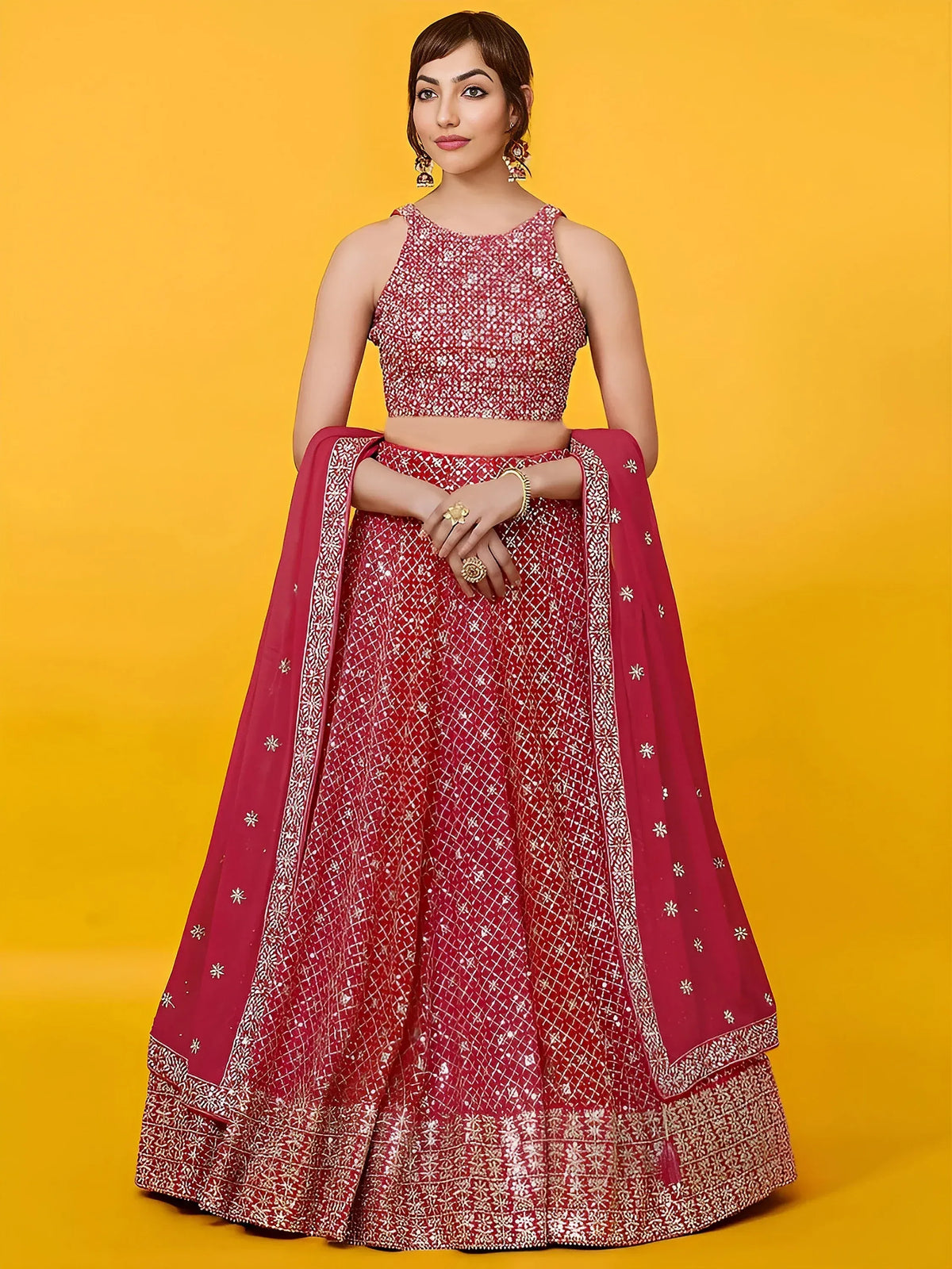 Adorable Red Sequins Georgette Wedding Lehenga Choli With Dupatta
