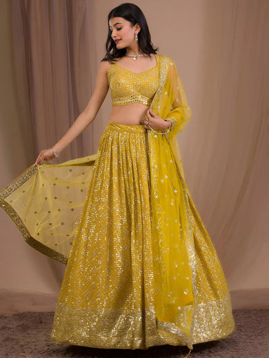 Fascinating Yellow Sequins Georgette Haldi Wear Lehenga Choli