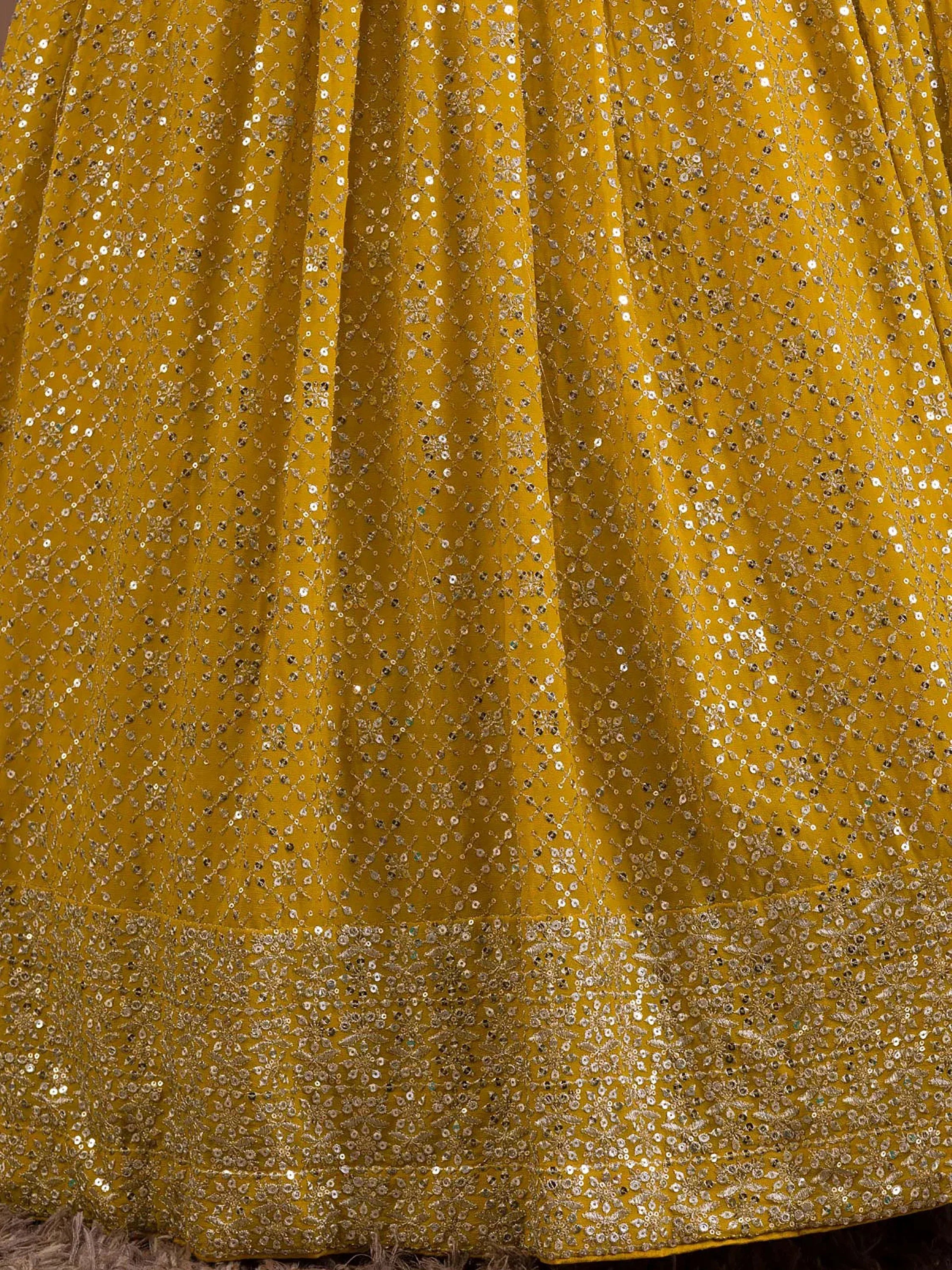 Fascinating Yellow Sequins Georgette Haldi Wear Lehenga Choli