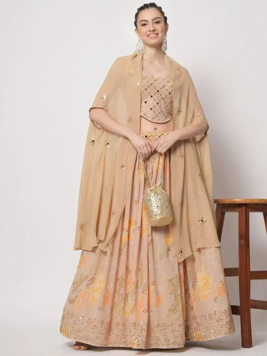Beige floral lehenga choli with sequin blouse and dupatta, ethnic Indian wear for women