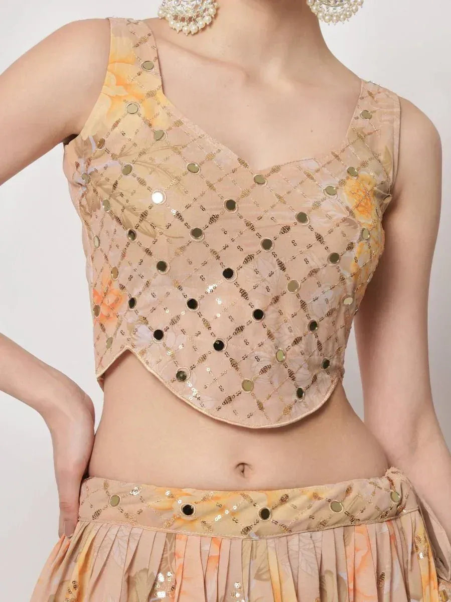 Floral print ethnic crop top with mirror and sequin embellishments, paired with matching skirt