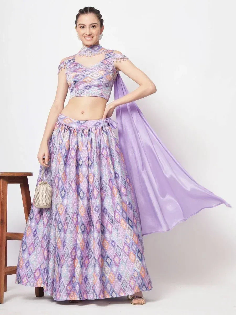Purple printed lehenga choli with cape, ethnic wear for women