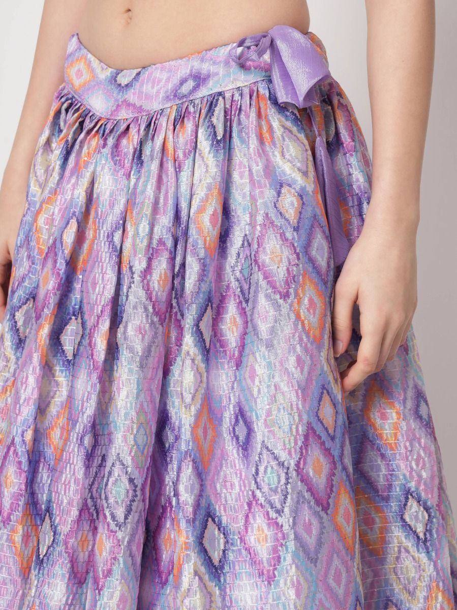 Purple ikat print ethnic skirt with bow waist, perfect for lehenga choli or fusion wear