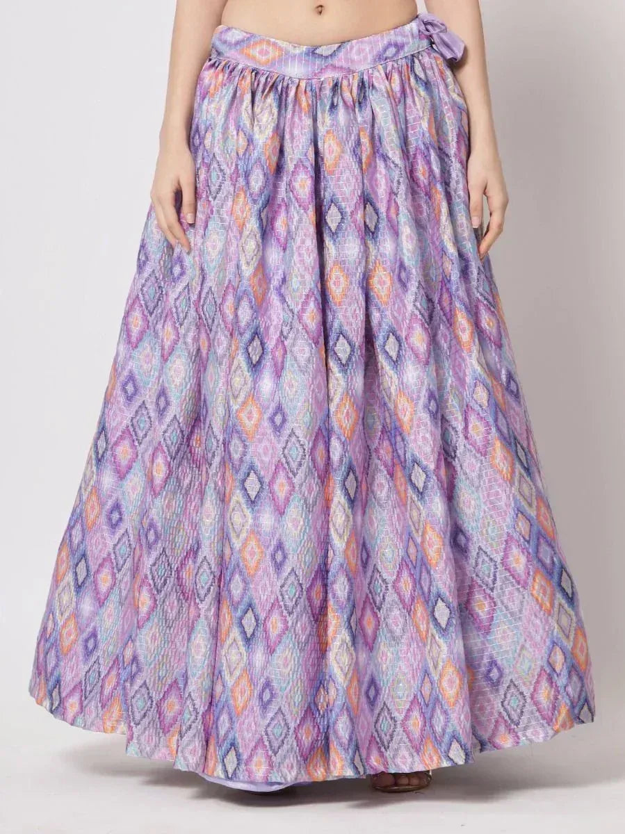 Purple printed ethnic maxi skirt with geometric pattern, ideal for Indian wear and festive occasions