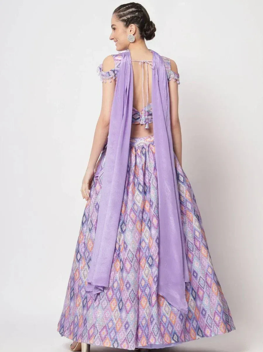 Purple printed lehenga choli with open back and dupatta, ethnic wear for women