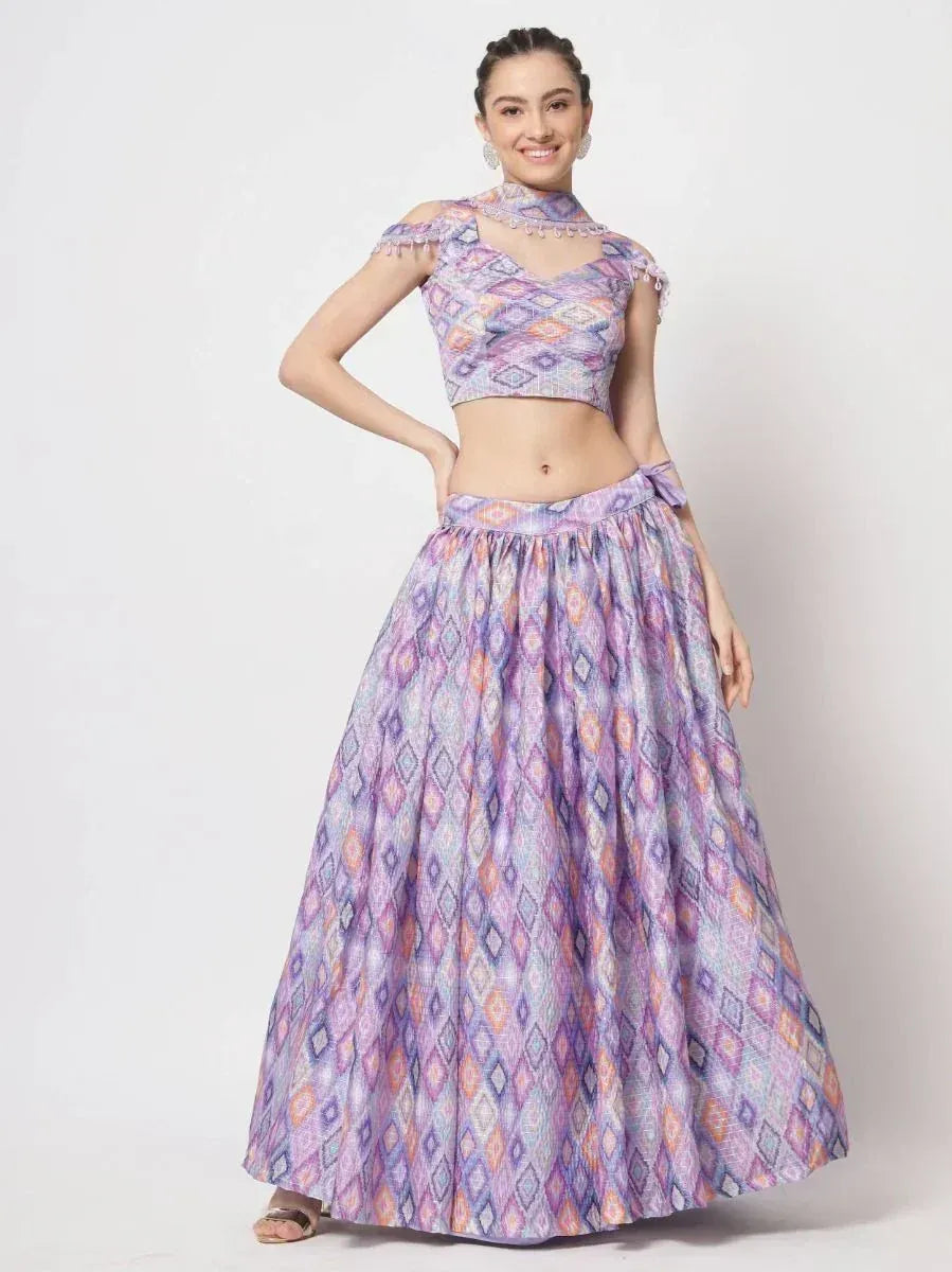 Purple printed lehenga choli with cold shoulder top and flared skirt, ethnic wear for women