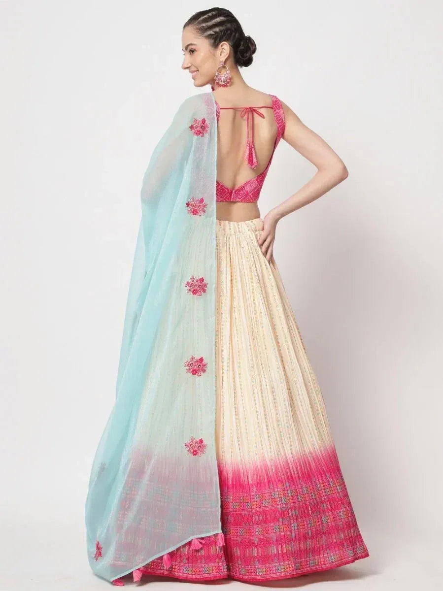 Pink and cream lehenga choli with floral dupatta, backless blouse, ethnic Indian wear