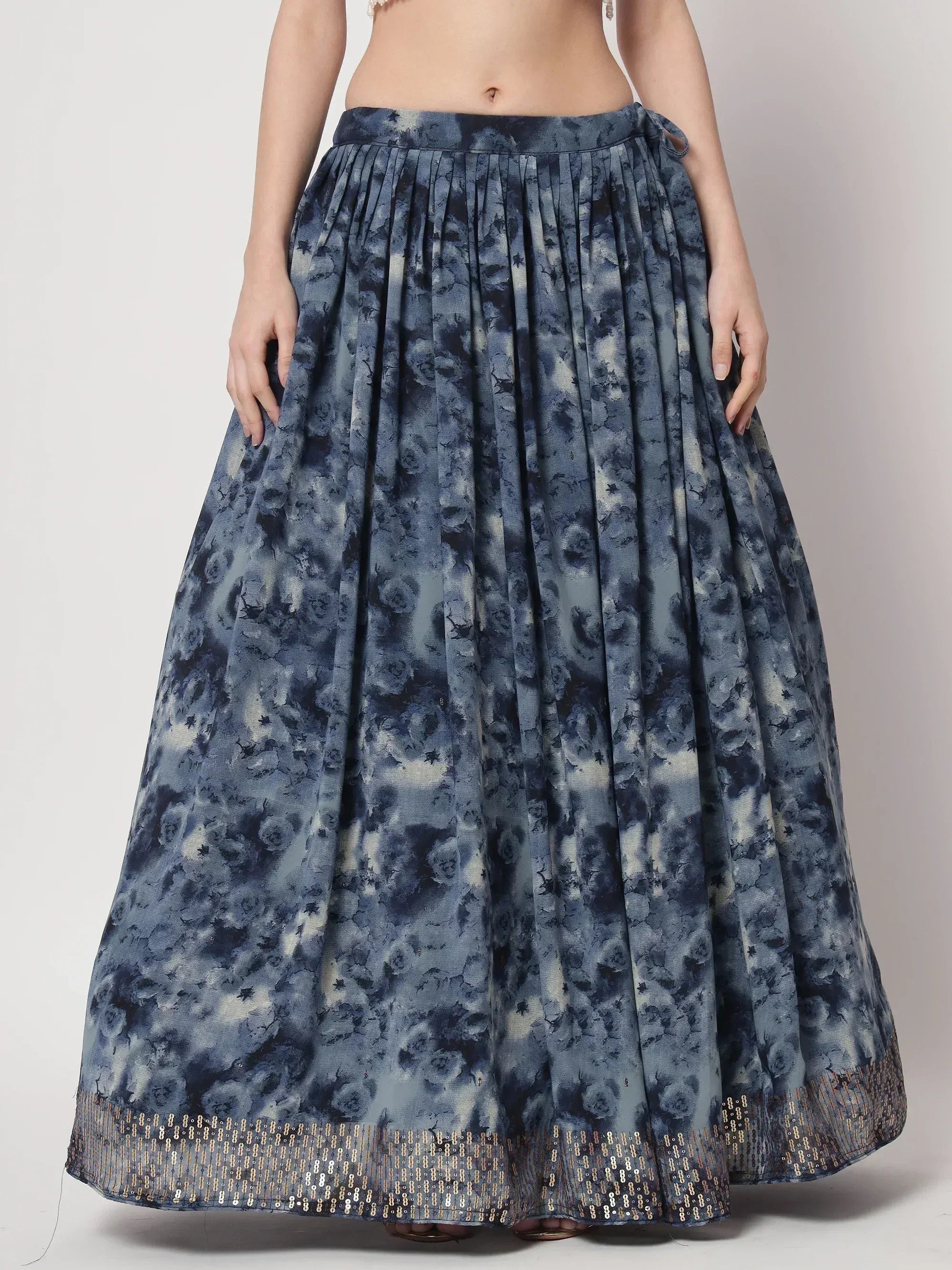 Incredible Navy Blue Digital Printed Silk Lehenga Choli With Shrug