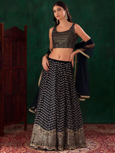 Charming Navy Blue Sequins Georgette Party Wear Lehenga Choli