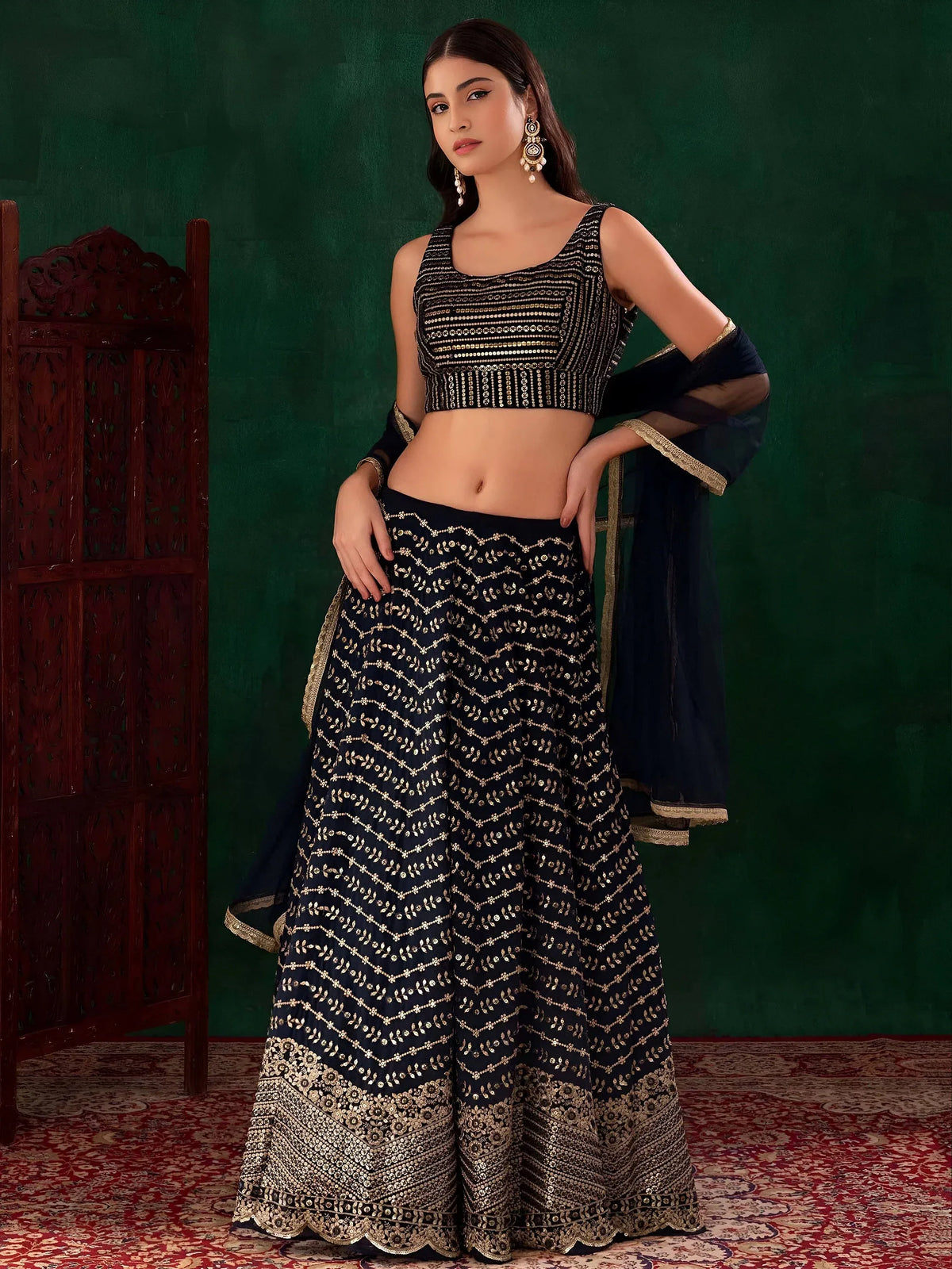 Charming Navy Blue Sequins Georgette Party Wear Lehenga Choli
